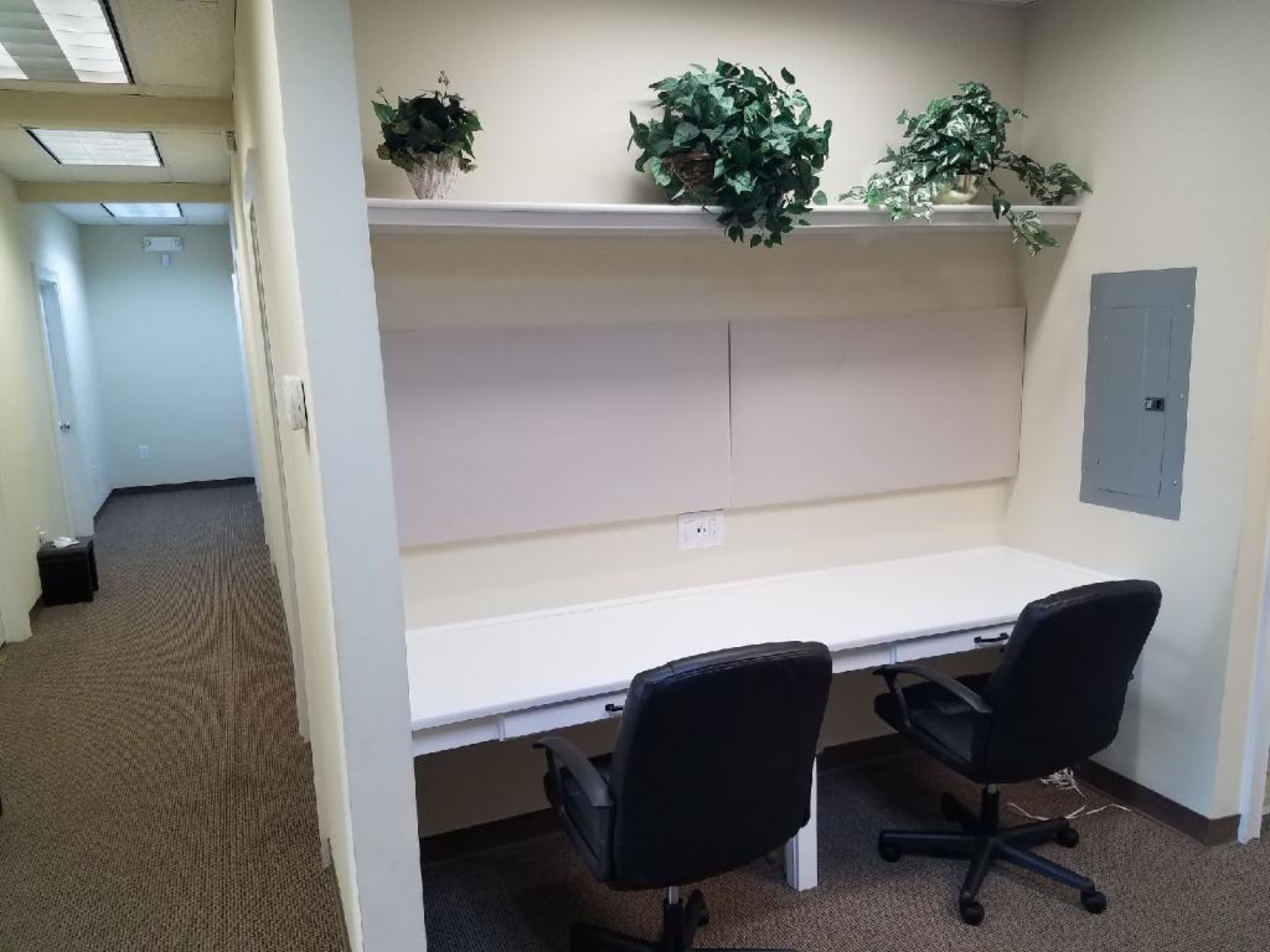 A small office space with a white desk and two black chairs, along with potted plants on a shelf above and beige wall panels on either side.