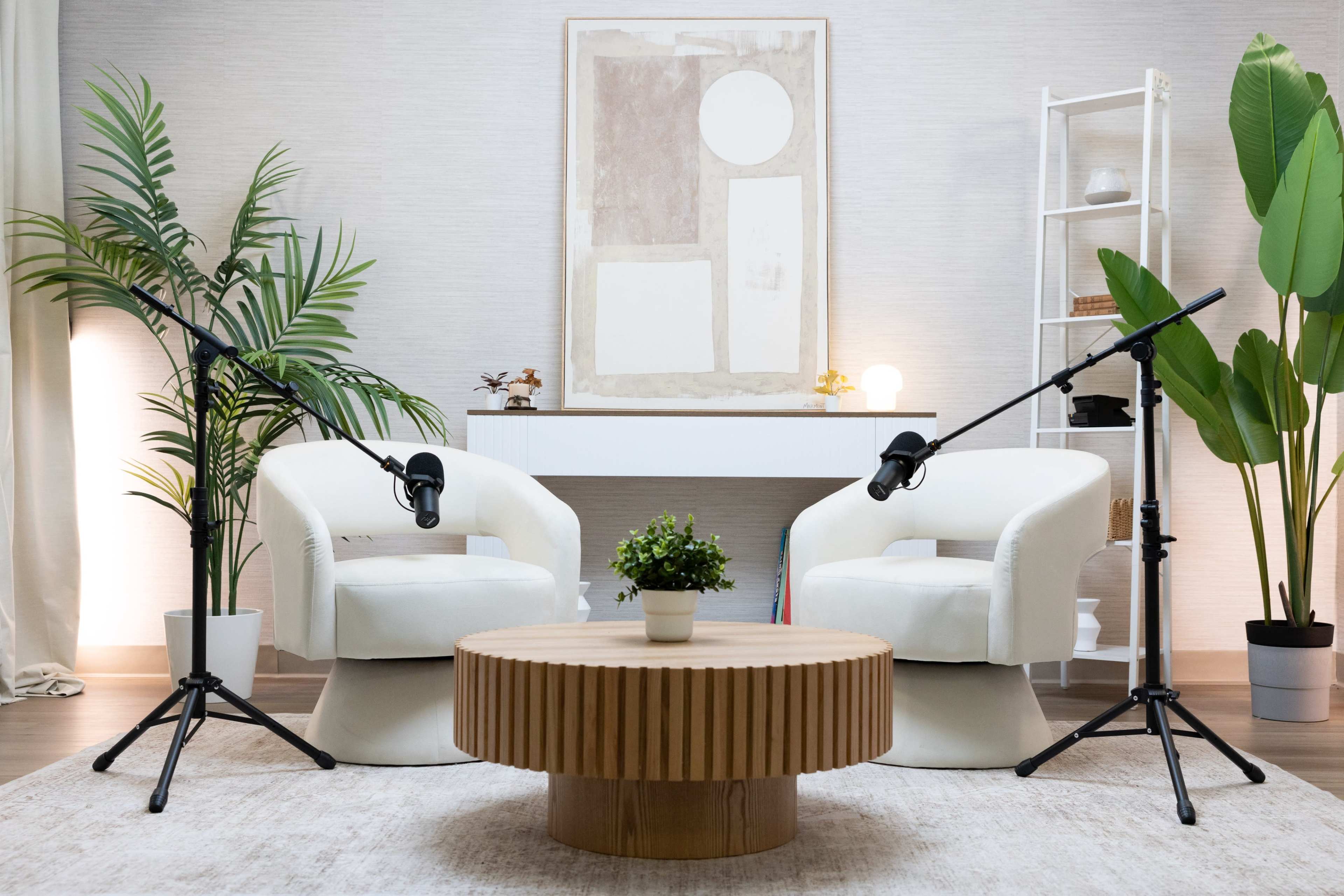 The image shows a modern and minimalistic interview setup featuring two white chairs, a round wooden coffee table, a potted plant, and a piece of abstract artwork on the wall.