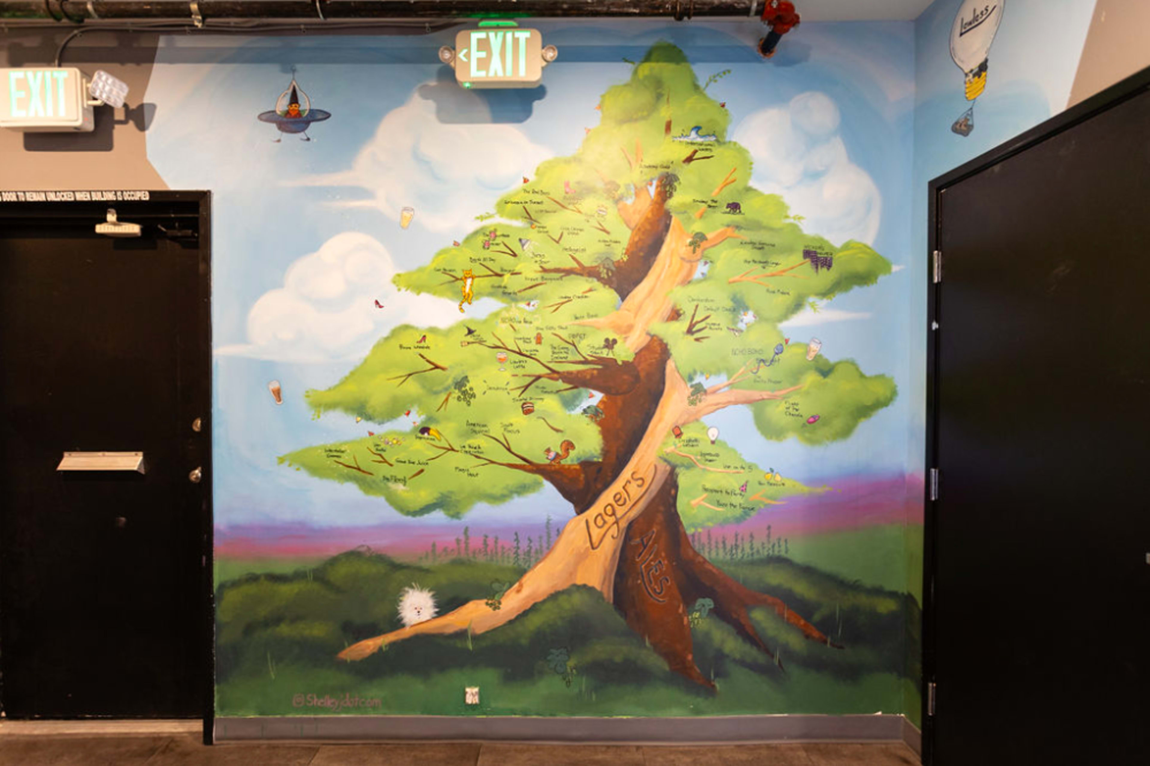 A mural of a large tree on a wall, depicting various birds and branches labeled with the word "Lagers."