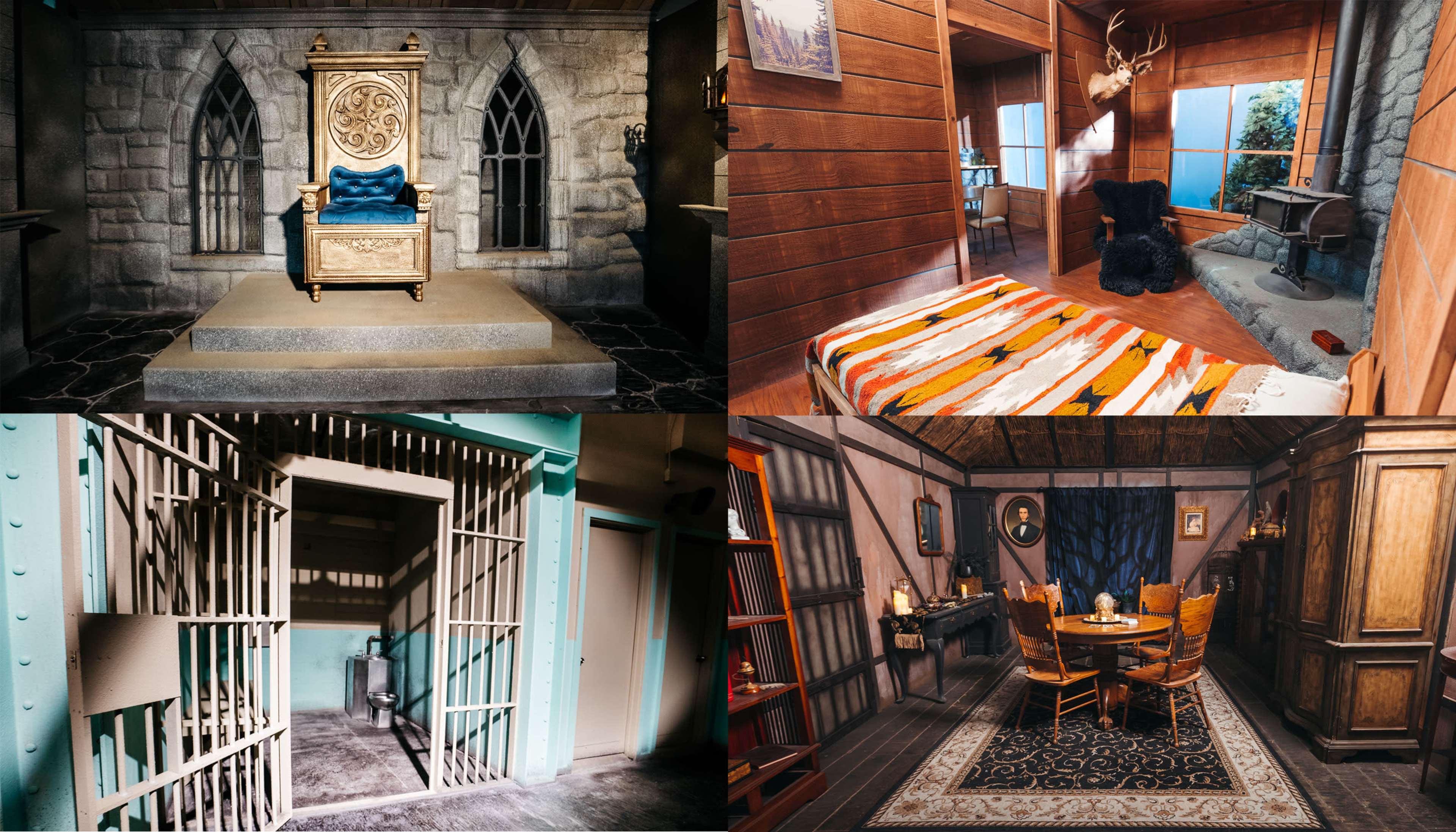 Four distinct interior scenes: a stone throne room with a decorated chair, a wooden room with a bed, a jail cell area with barred doors, and a dining room with a table and chairs.