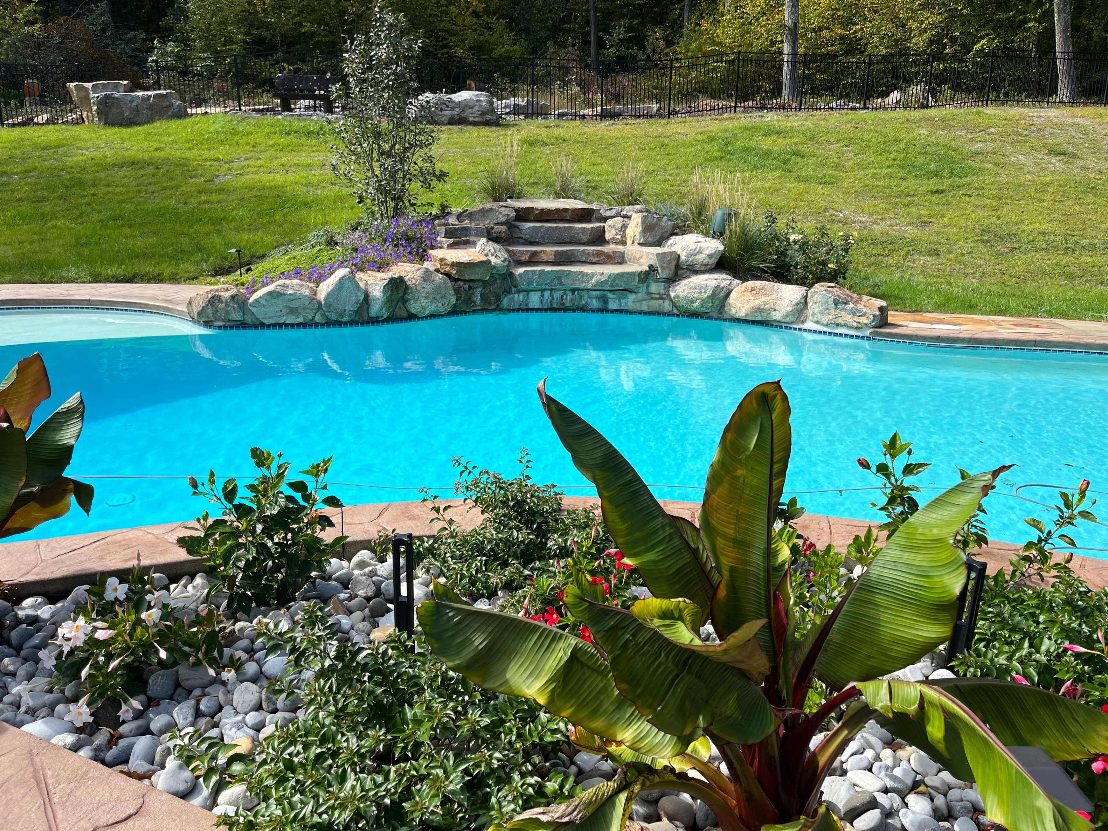 A clear blue swimming pool is surrounded by landscaped rocks, plants, and a tiered stone feature.