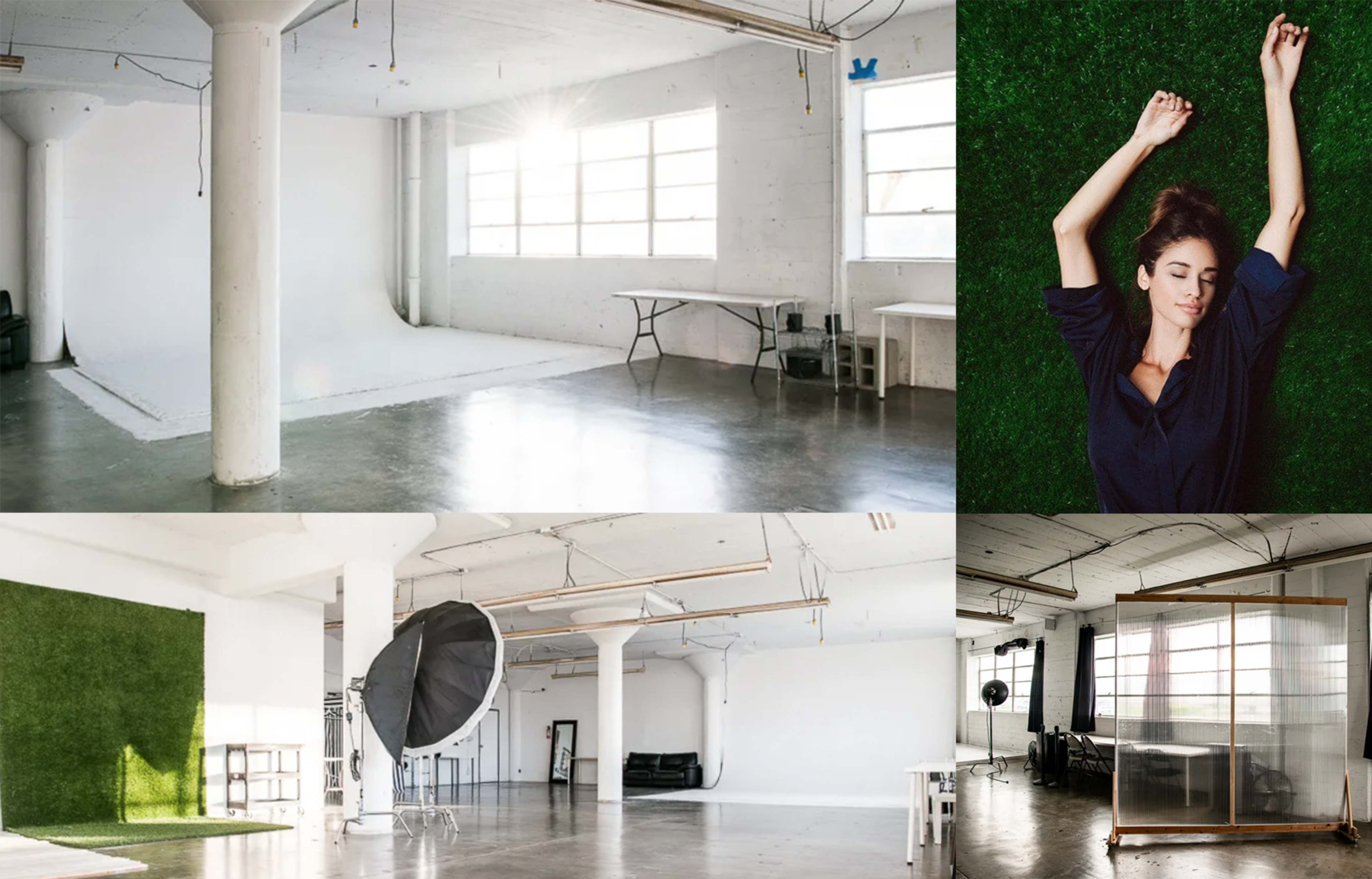The image shows a spacious studio with white walls, large windows, and various photography equipment, including a backdrop and softbox, alongside a woman lying on a green turf surface.