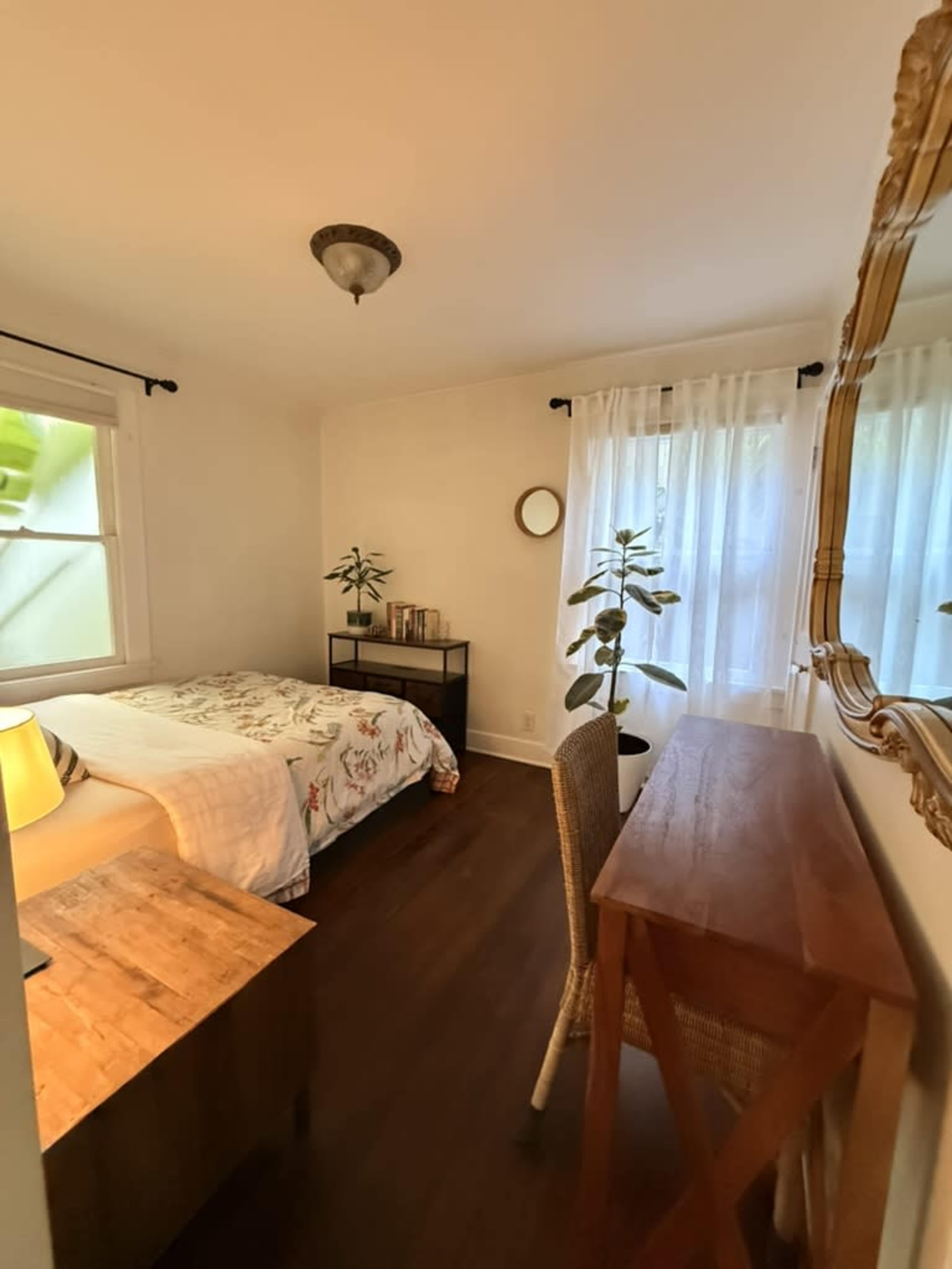 The image shows a small bedroom with a bed, a desk, a chair, and a couple of indoor plants by the window.