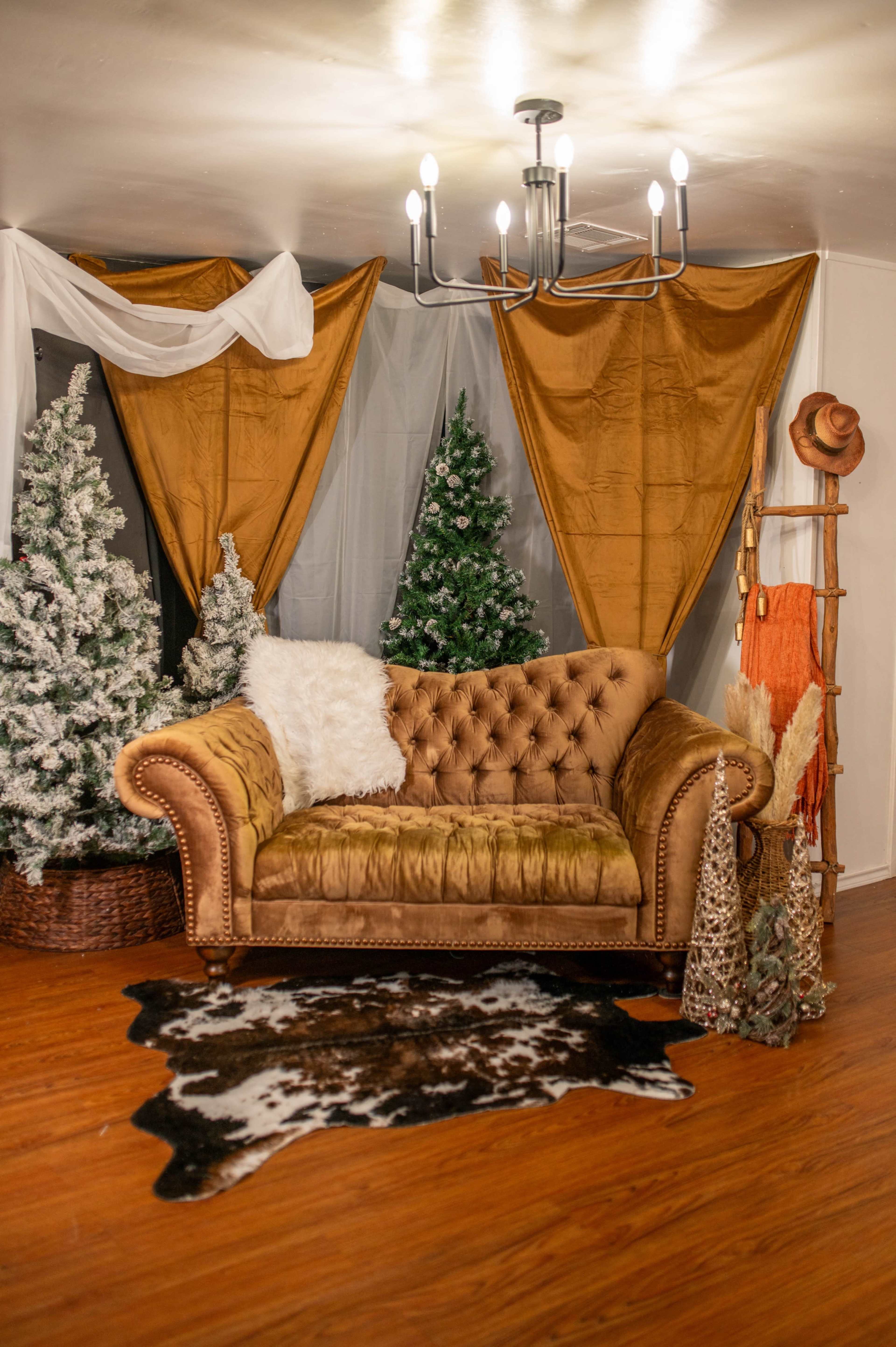 The scene features a tufted brown sofa in a room adorned with two green Christmas trees, fabric drapes, and a cowhide rug.