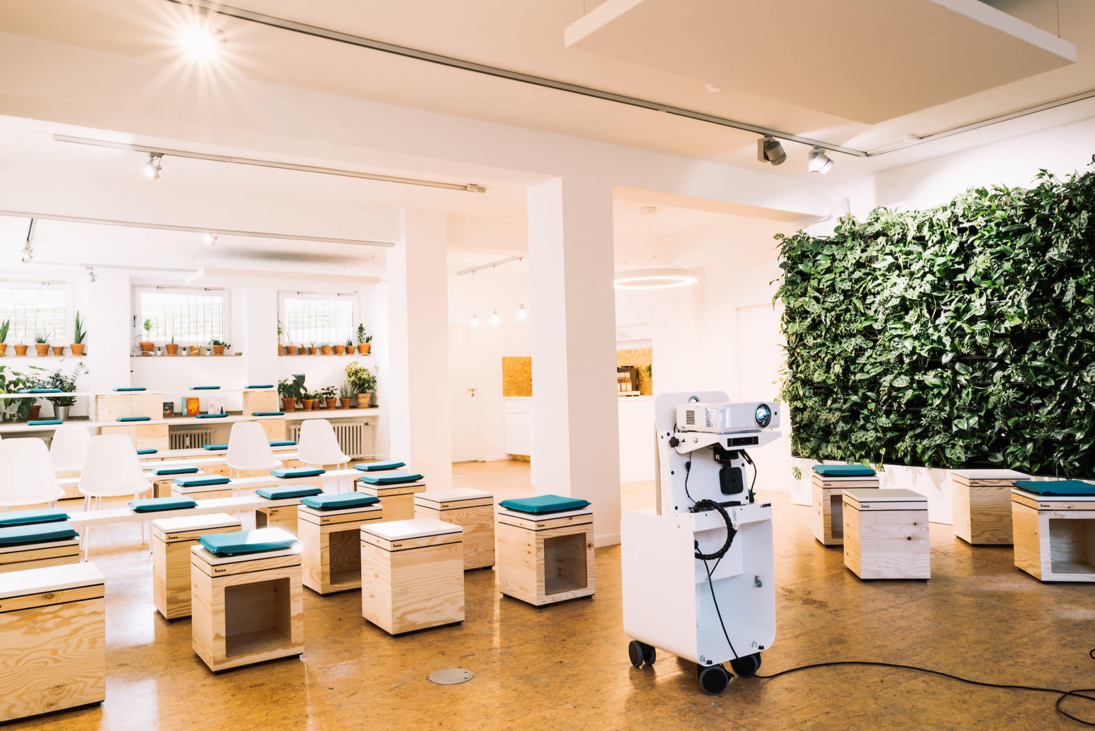 A modern, minimalist room features wooden stools with blue cushions arranged in rows, a large green wall of plants, and a projector on a cart at the front.