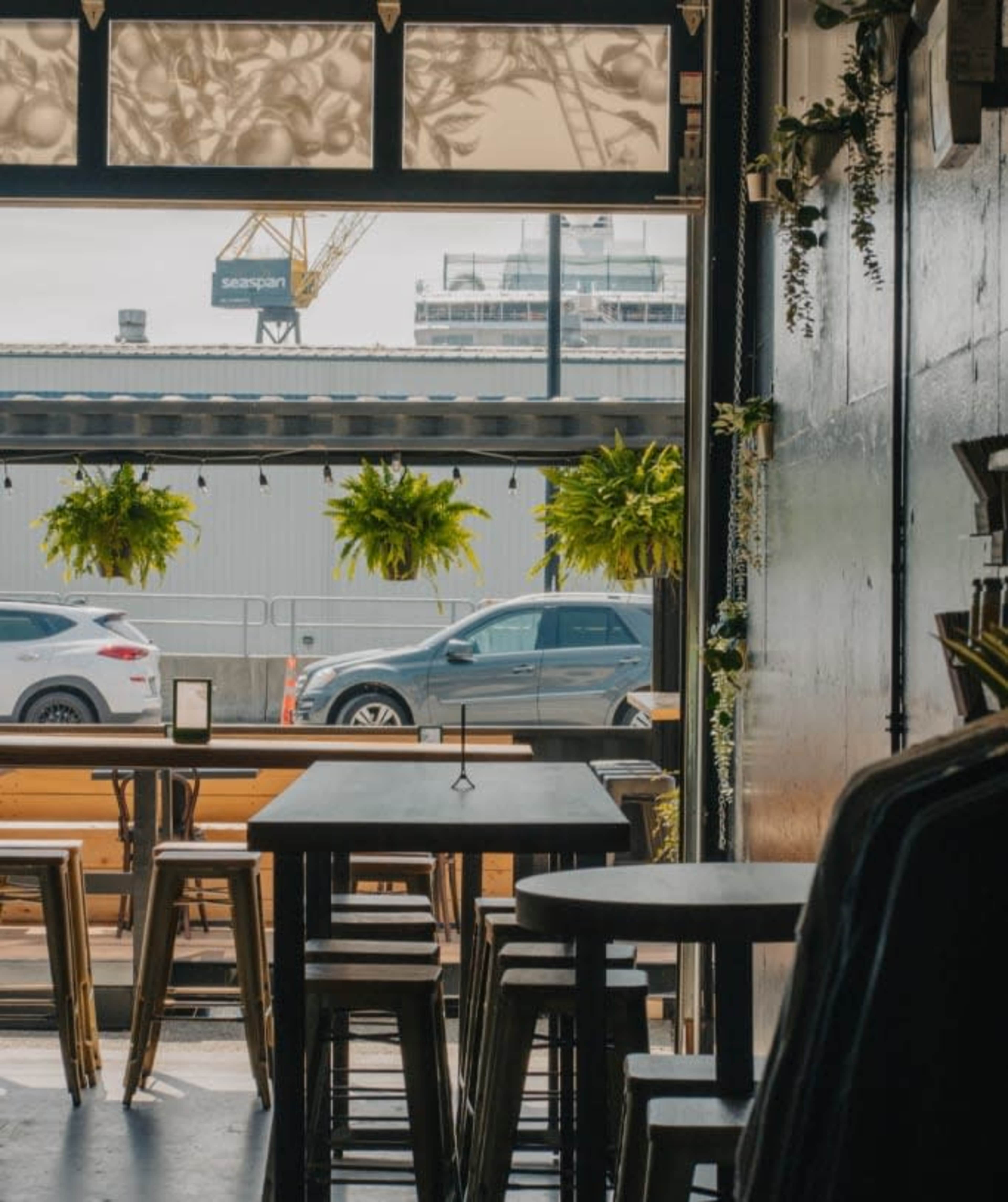 The image shows the interior of a café with wooden tables and hanging plants, looking out through large windows to a street scene with parked cars.