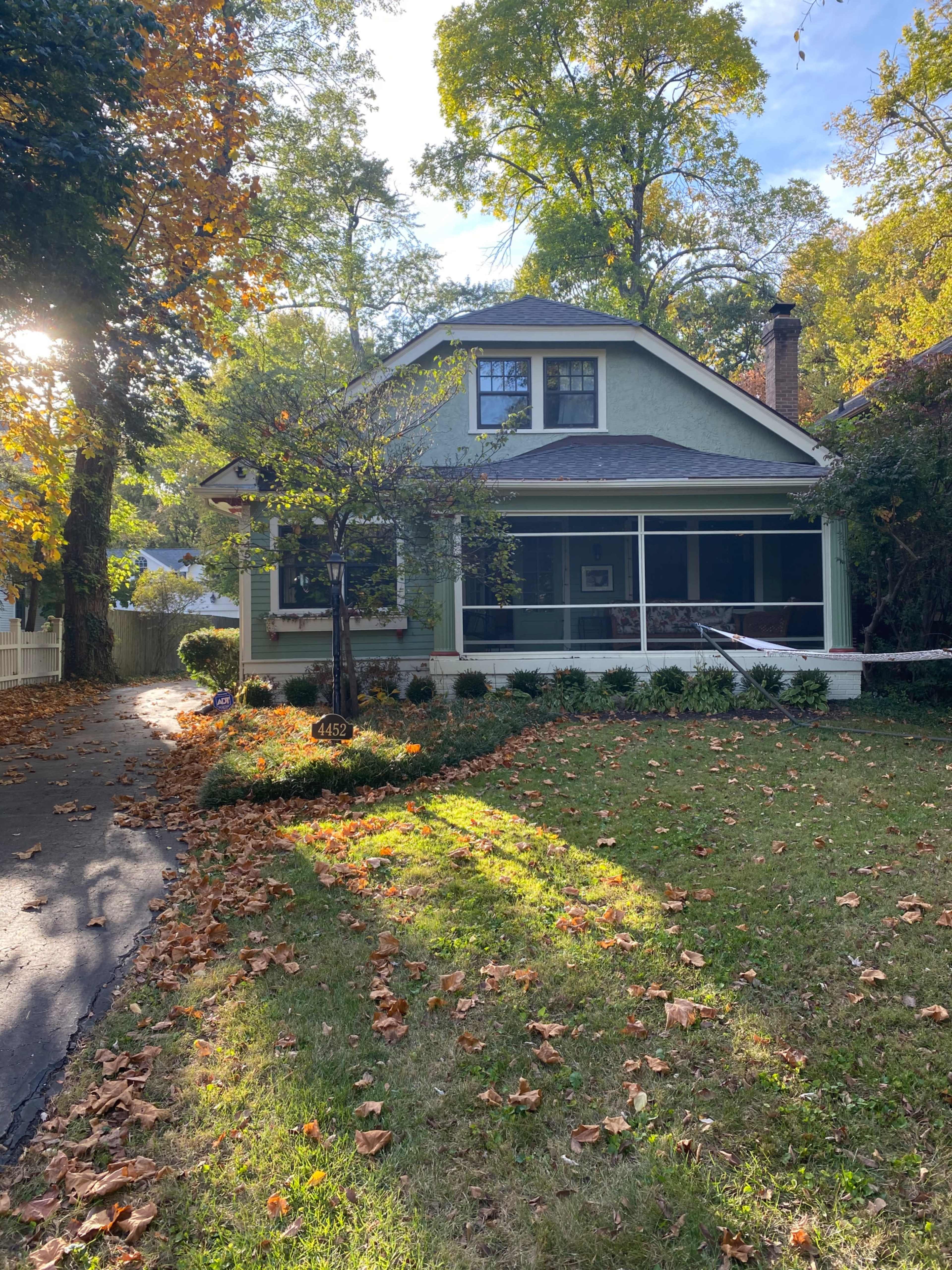 A light green house with a porch is surrounded by trees and autumn leaves on the ground.