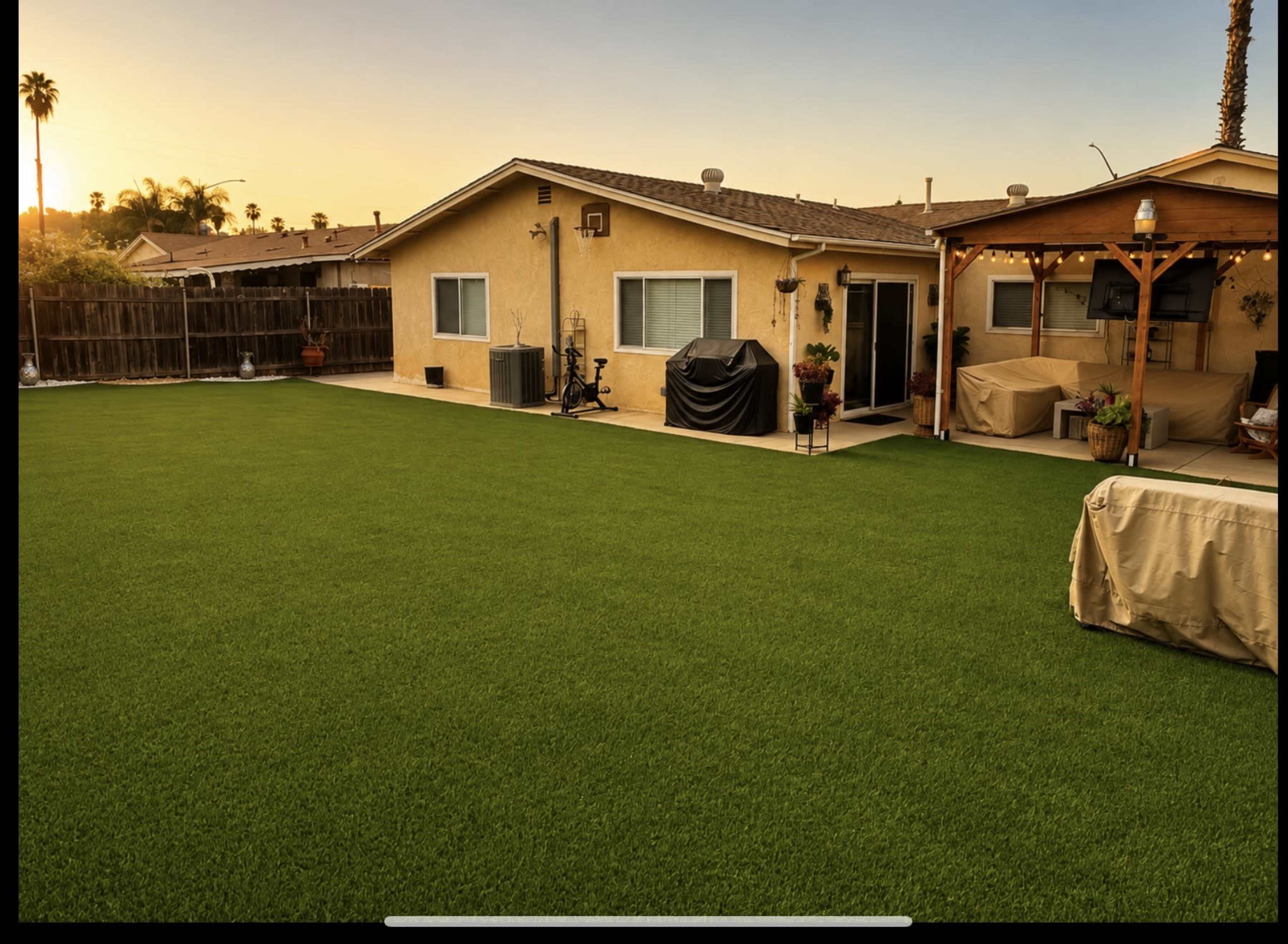 The image shows a backyard with artificial turf, a house with a patio, and a wooden gazebo at sunset.