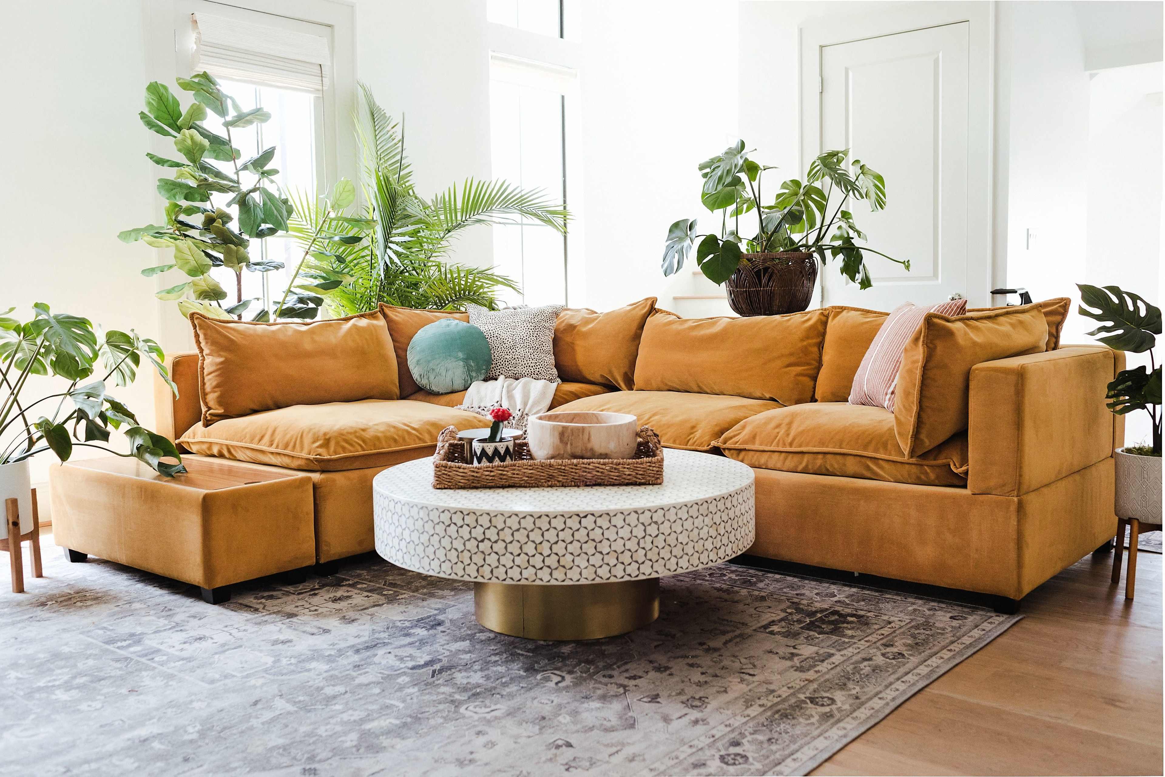 A modern living room featuring a large mustard-colored sectional sofa, a round coffee table, and several potted plants.