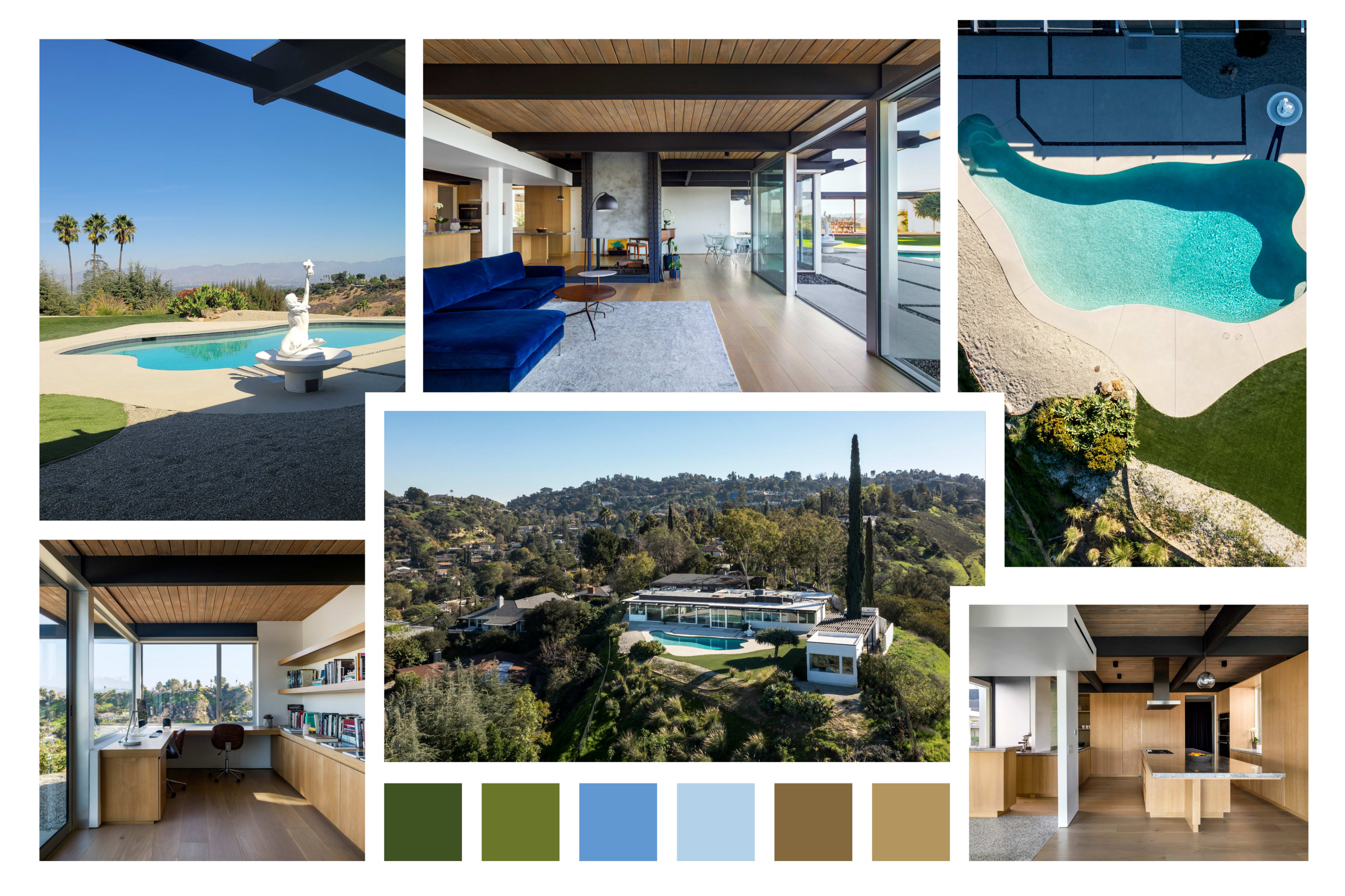 The image showcases a modern home with expansive views, featuring an outdoor pool, contemporary interiors, and lush landscaping.