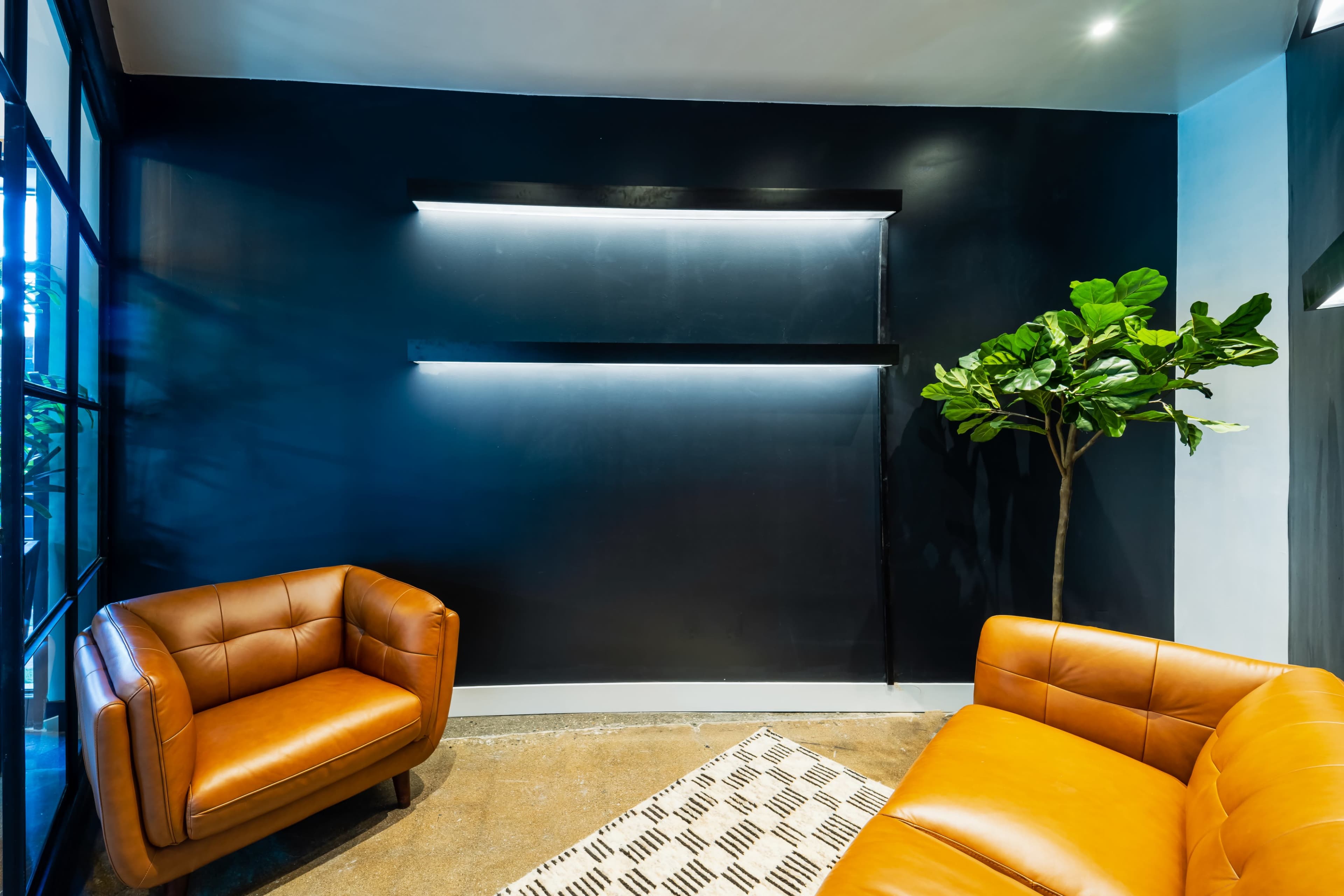 The image shows a corner of a room featuring two brown leather chairs, a small rug, and a plant against a dark wall with two linear light fixtures.