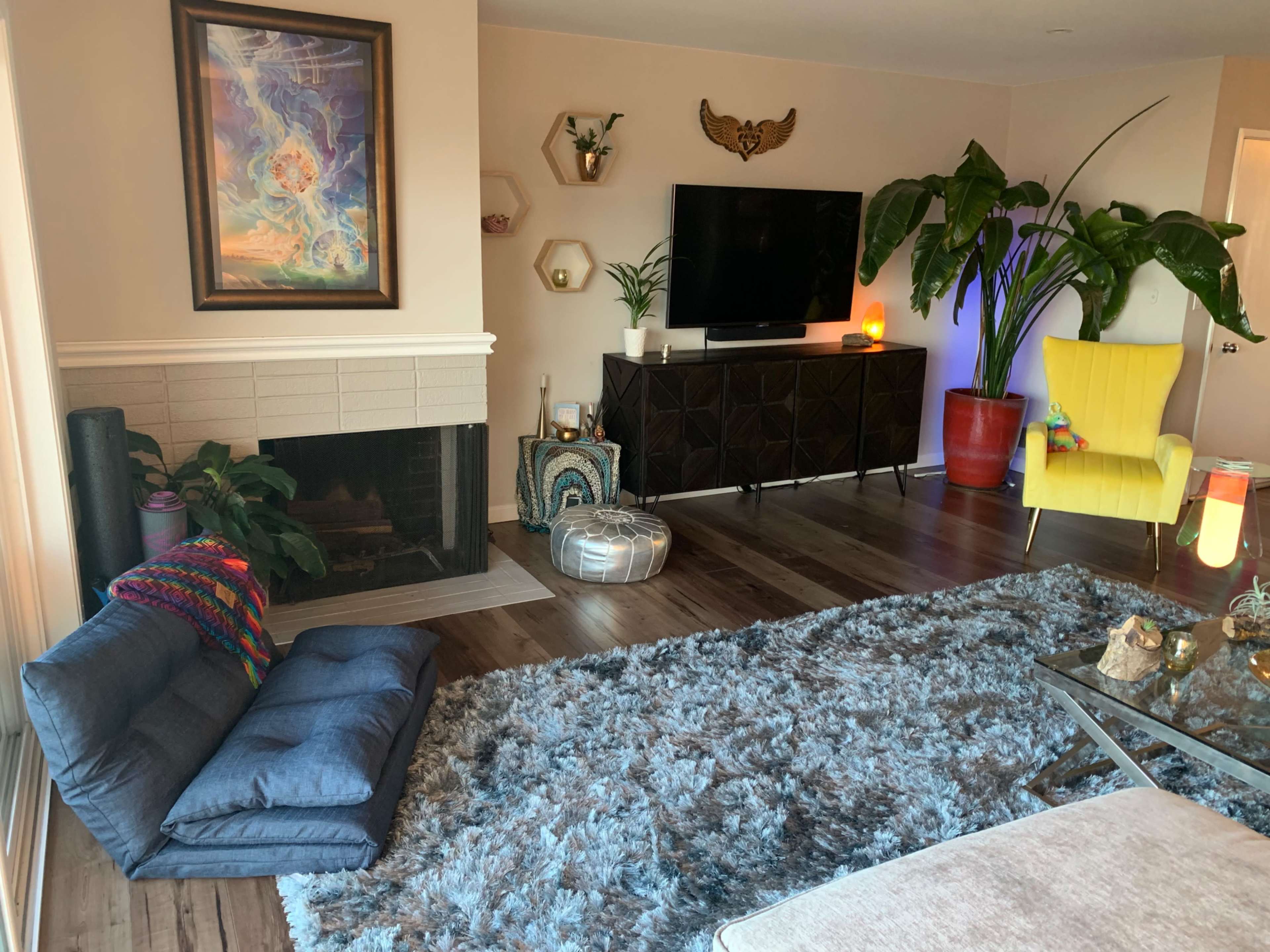 The room features a fireplace, a large television on a dark cabinet, a colorful rug, a yellow chair, and indoor plants.