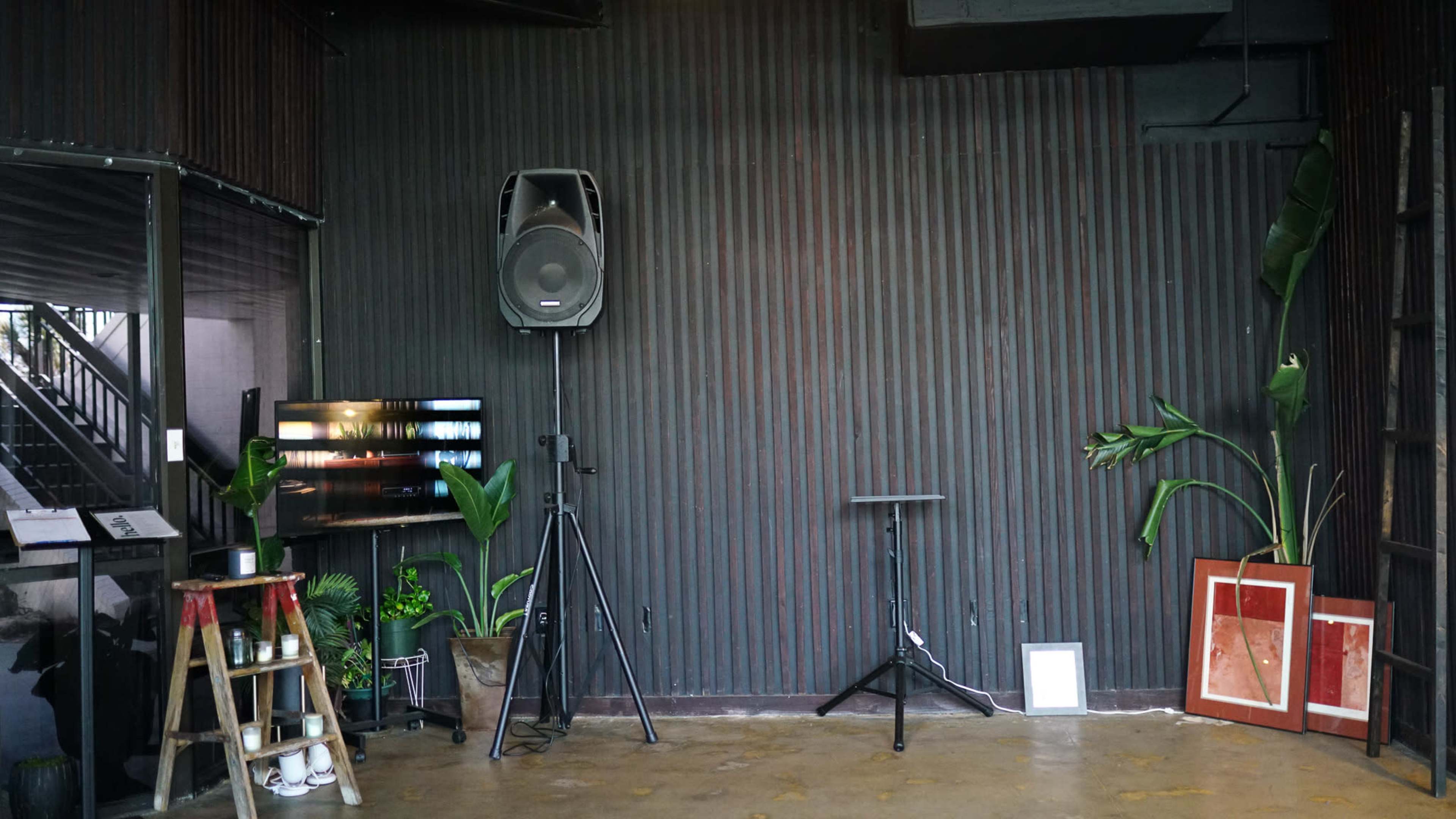 The image shows a minimalist interior space with a speaker on a stand, a small table, a television, potted plants, and framed artwork against a textured wall.