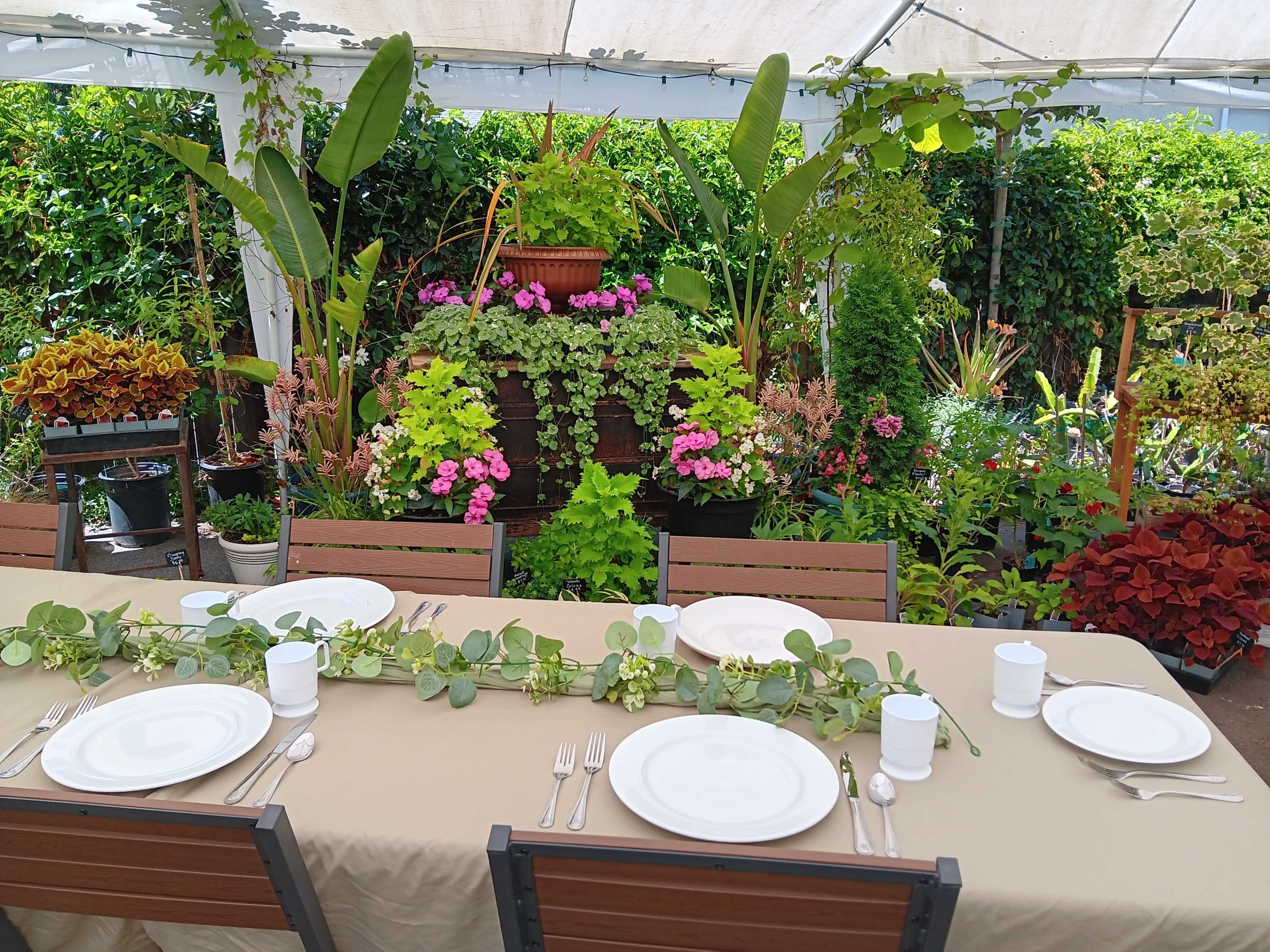 A table is elegantly set with plates and utensils under a tent surrounded by lush greenery and blooming flowers.