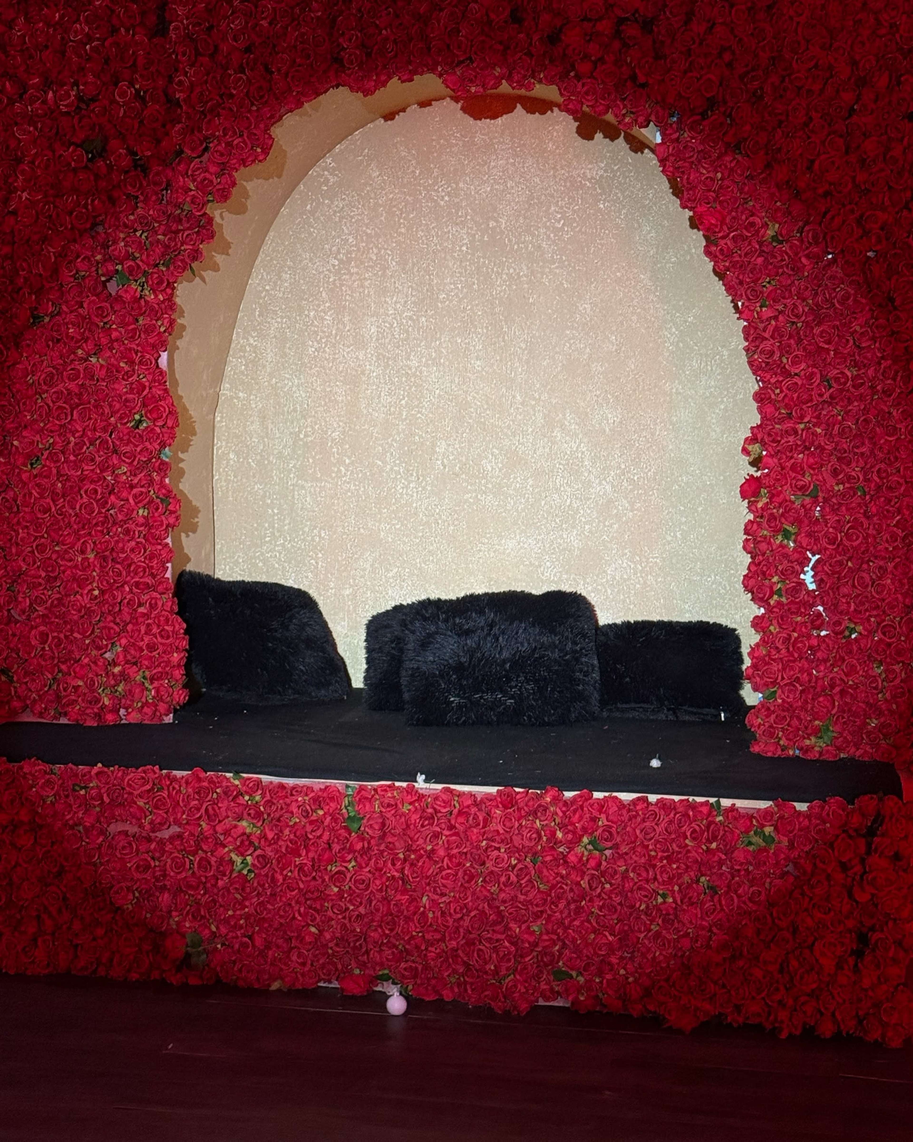 The image features a stage or display area surrounded by a wall of artificial red roses, with two black plush cushions positioned on a black surface in the center.