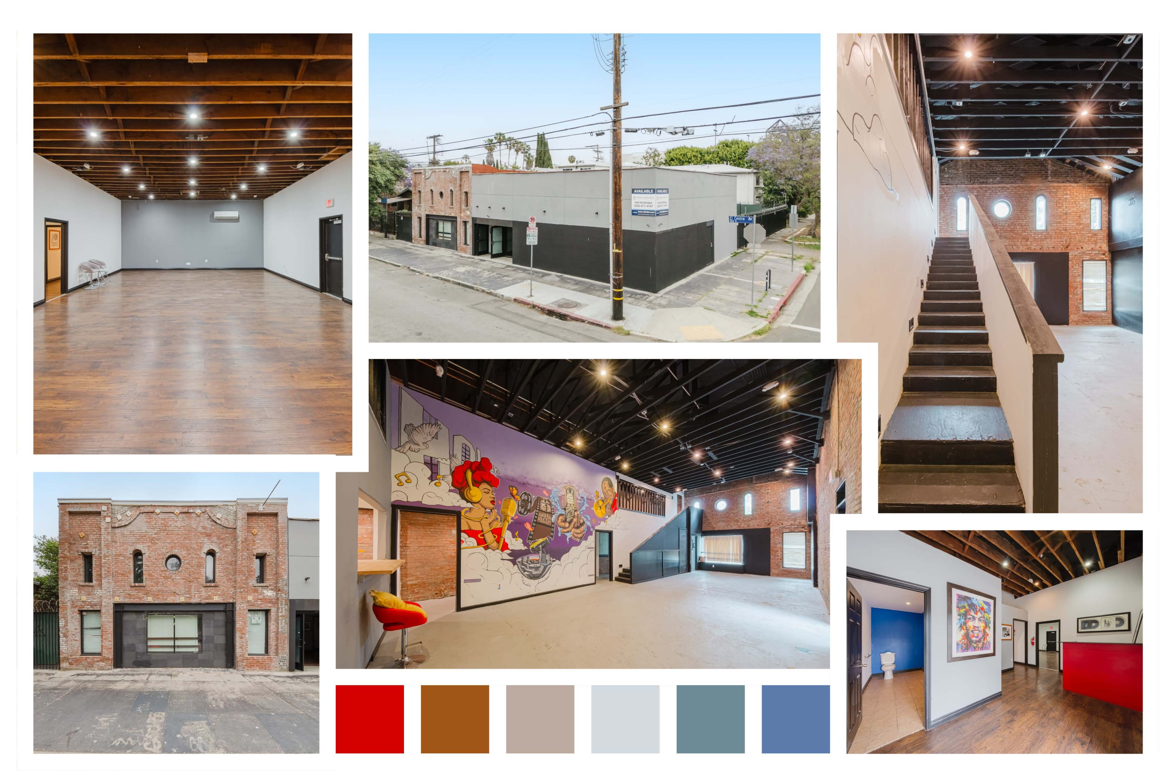 The collage showcases a variety of interior and exterior views of a versatile commercial space, featuring an empty main room, a muraled wall, and a staircase, along with images of the building's facade and surrounding area.