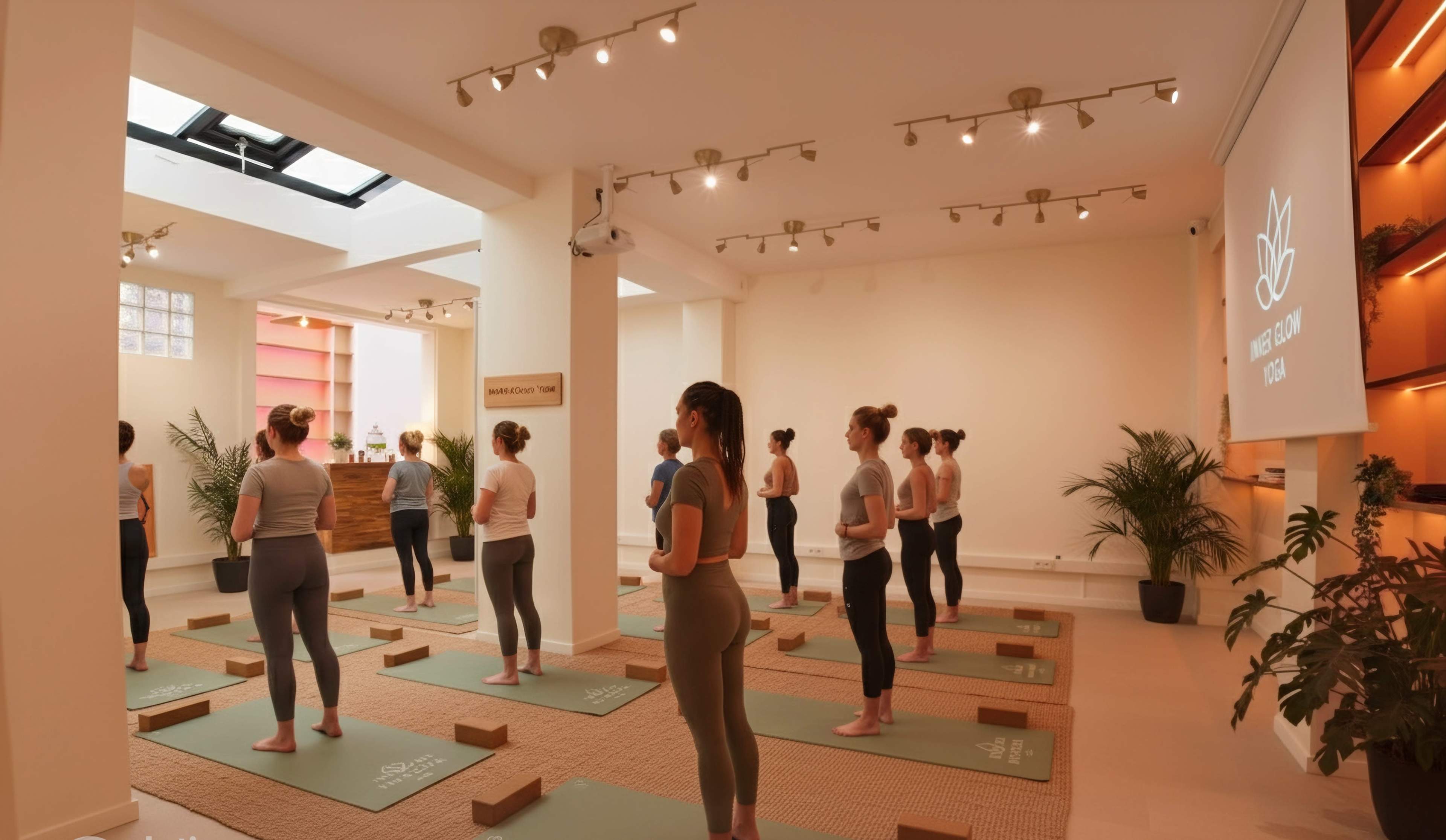 A group of individuals participates in a yoga class in a bright, spacious studio equipped with mats and blocks.