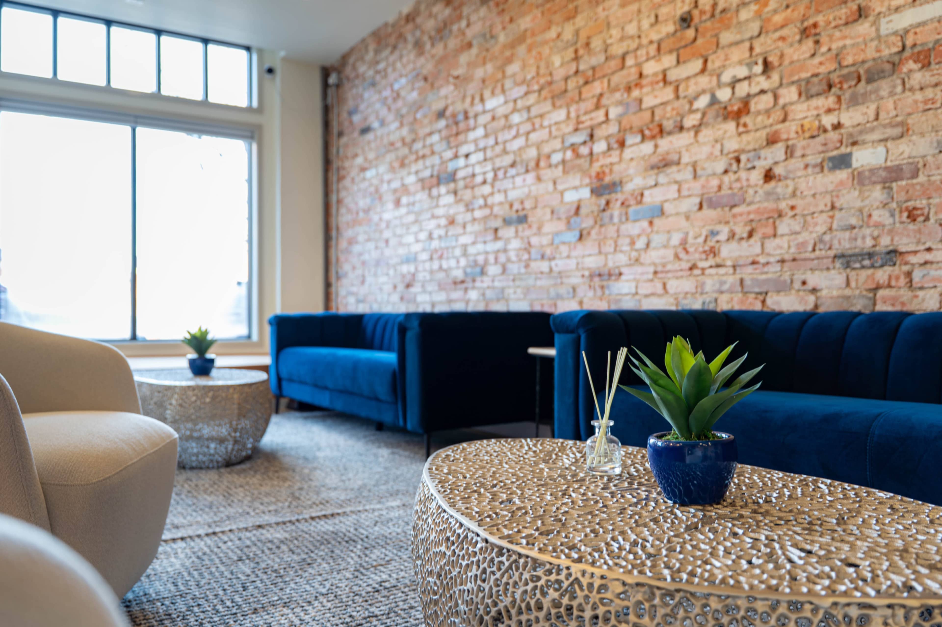 The image shows a modern living space with a brick wall, two blue sofas, and decorative tables topped with small plants.