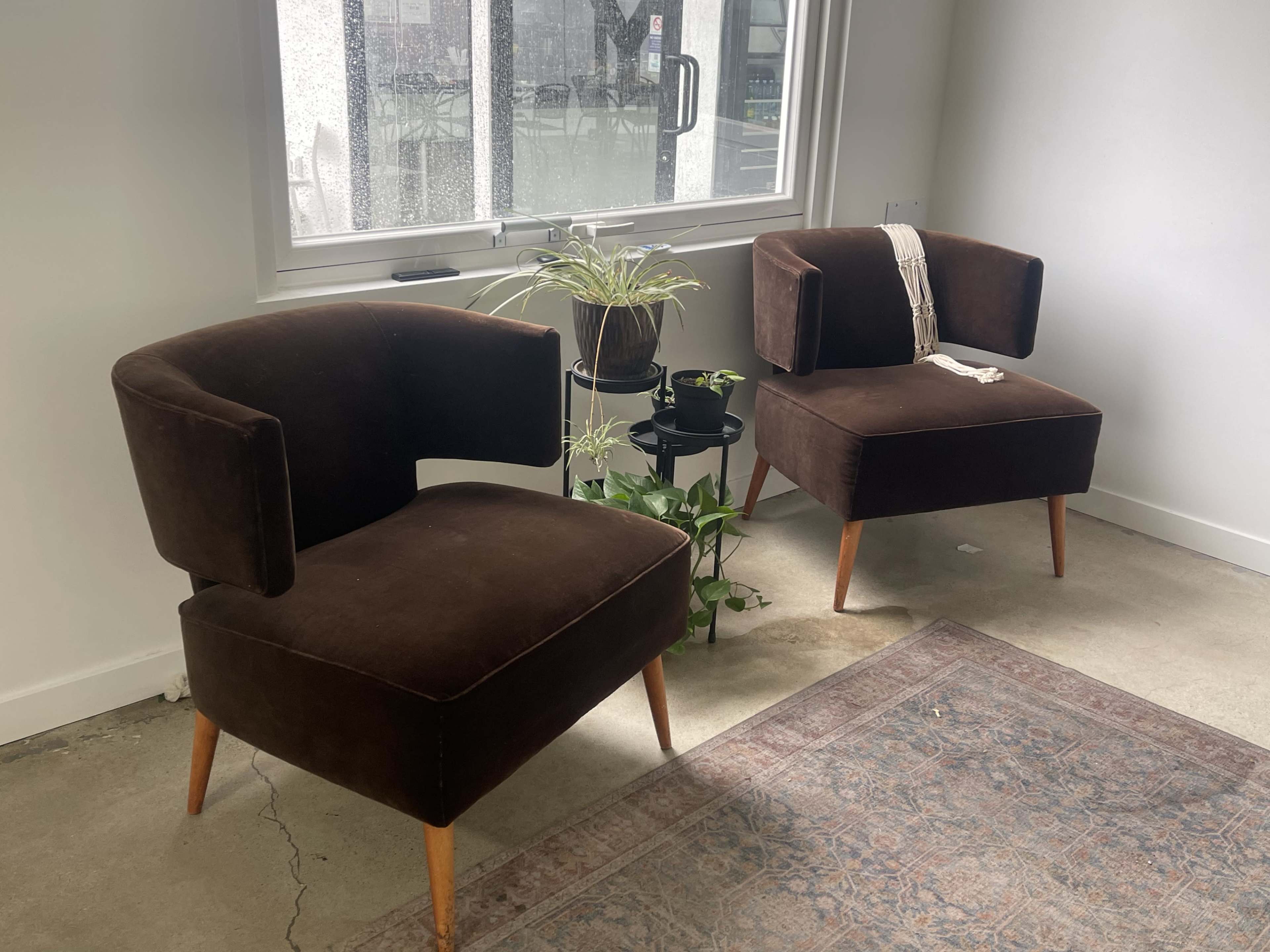 The image shows two brown upholstered chairs with wooden legs positioned next to a small black side table and a potted plant in a well-lit room.