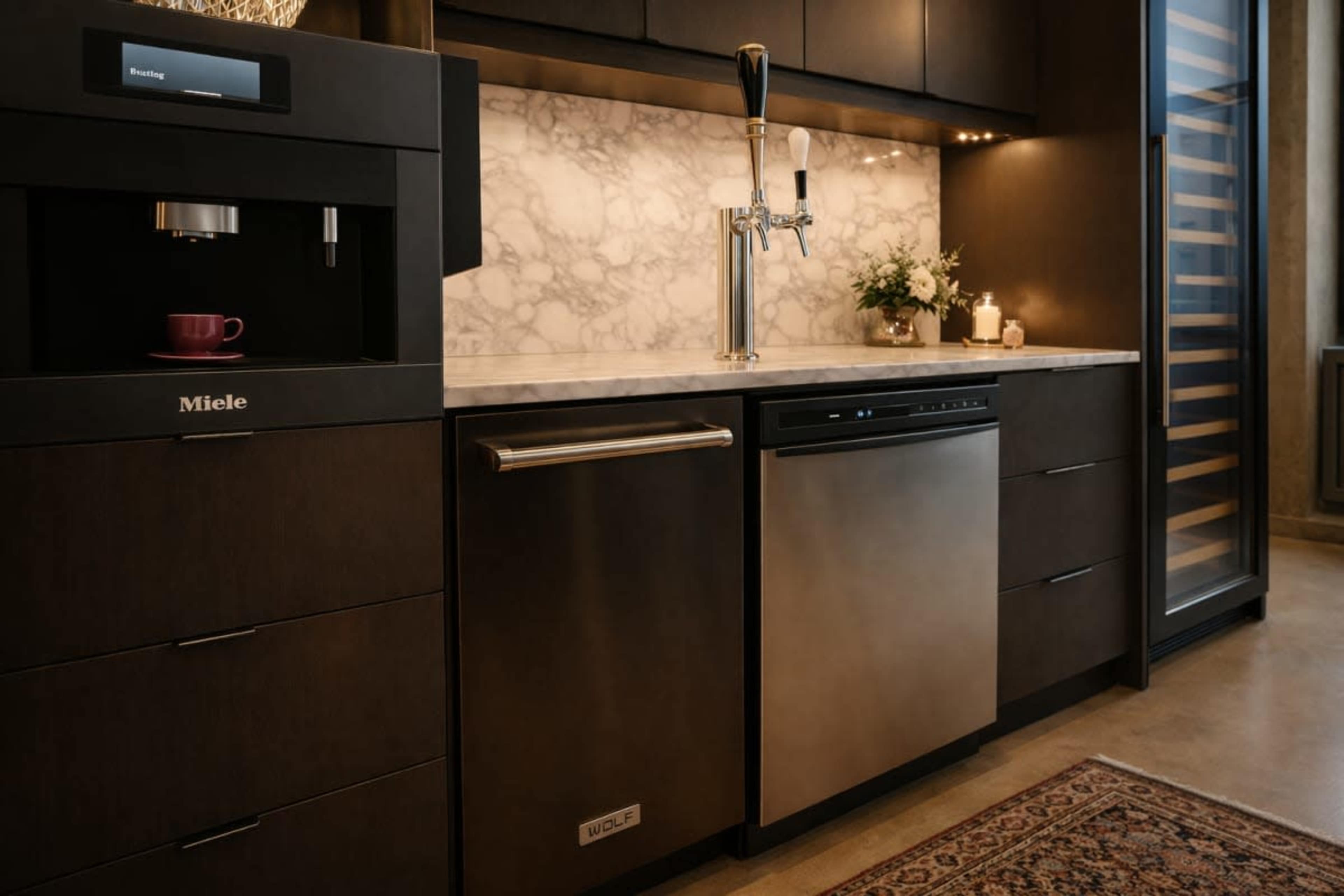 The image shows a modern kitchen featuring dark cabinetry, a marble countertop, and appliances including a coffee machine and a dishwasher.