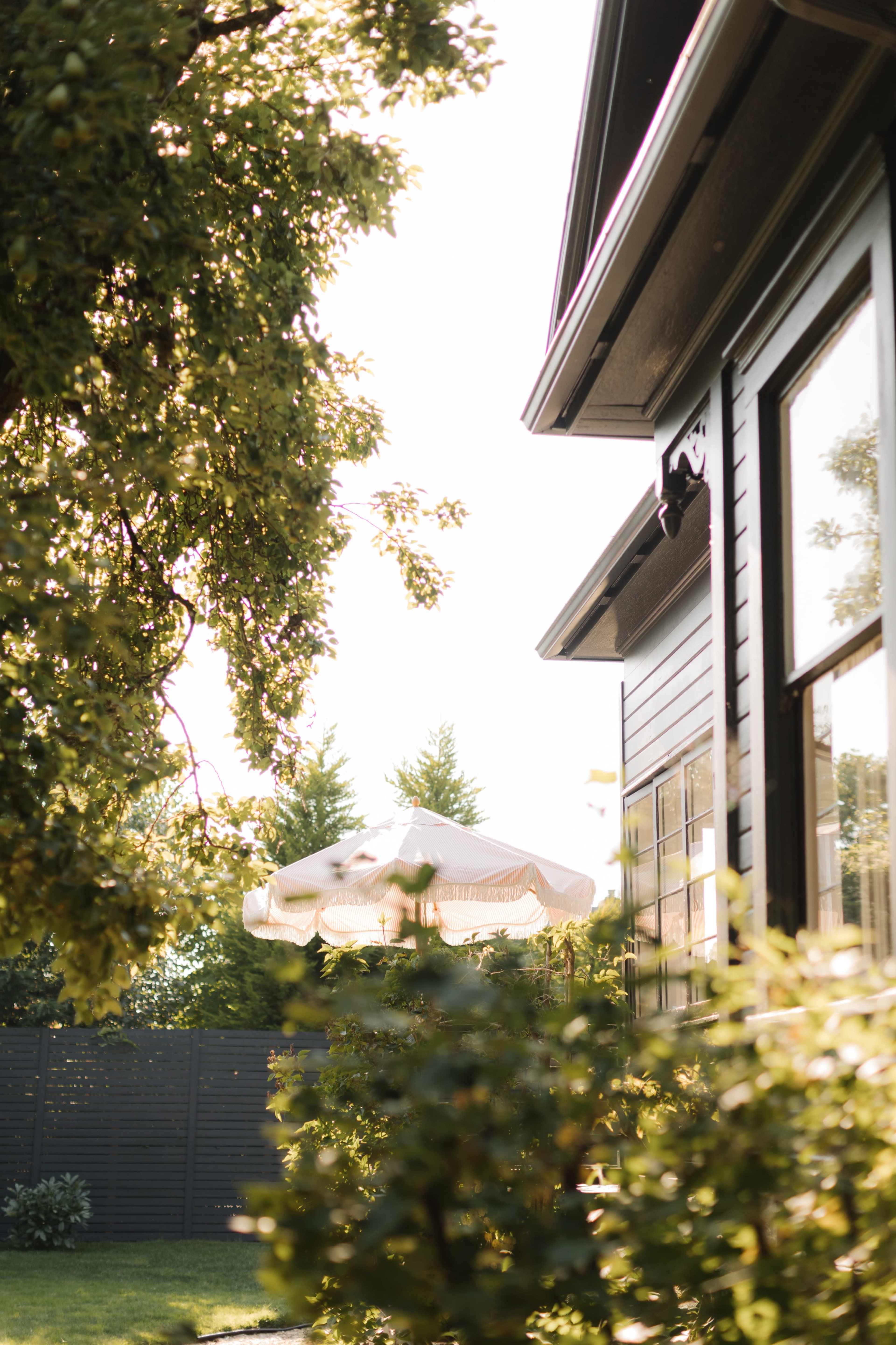 A sunny backyard scene featuring a shaded patio with an umbrella beside a house, framed by trees and bushes.