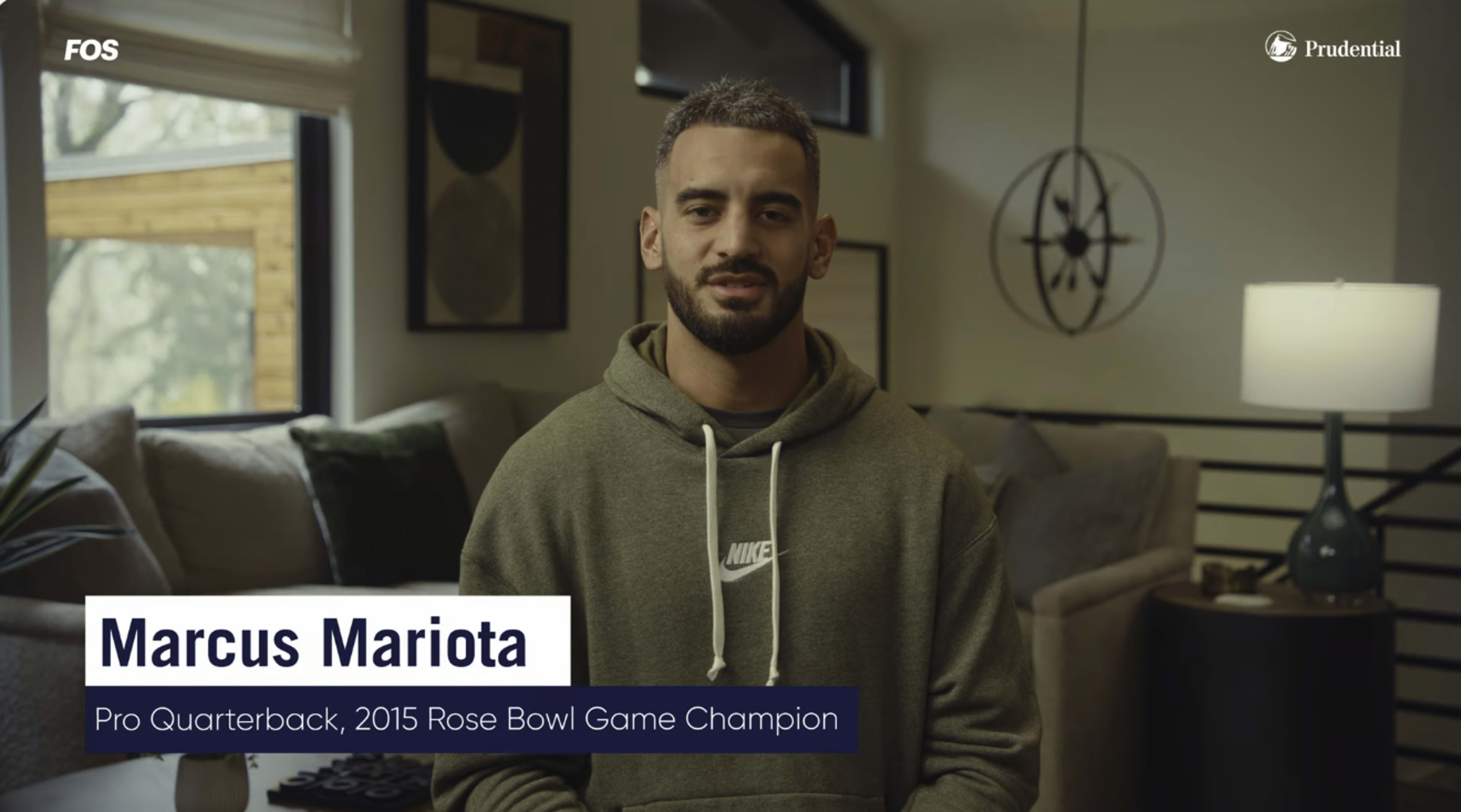 A man in a gray hoodie sits in a modern indoor setting, speaking directly to the camera, with text identifying him as Marcus Mariota, a pro quarterback and 2015 Rose Bowl Game champion.