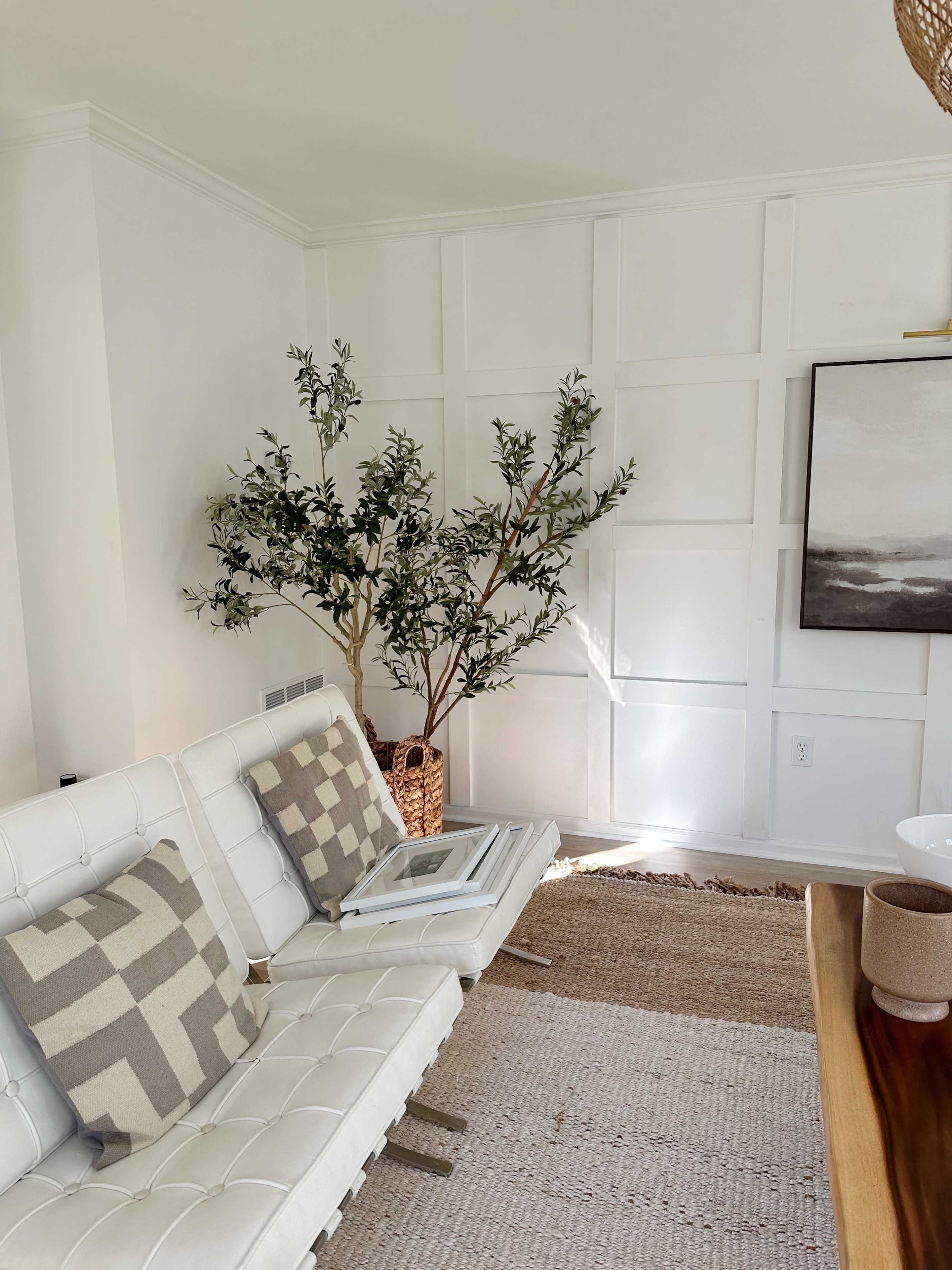 The image shows a modern living room with a white sofa, a decorative plant in a woven basket, and a minimalist artwork on the wall.