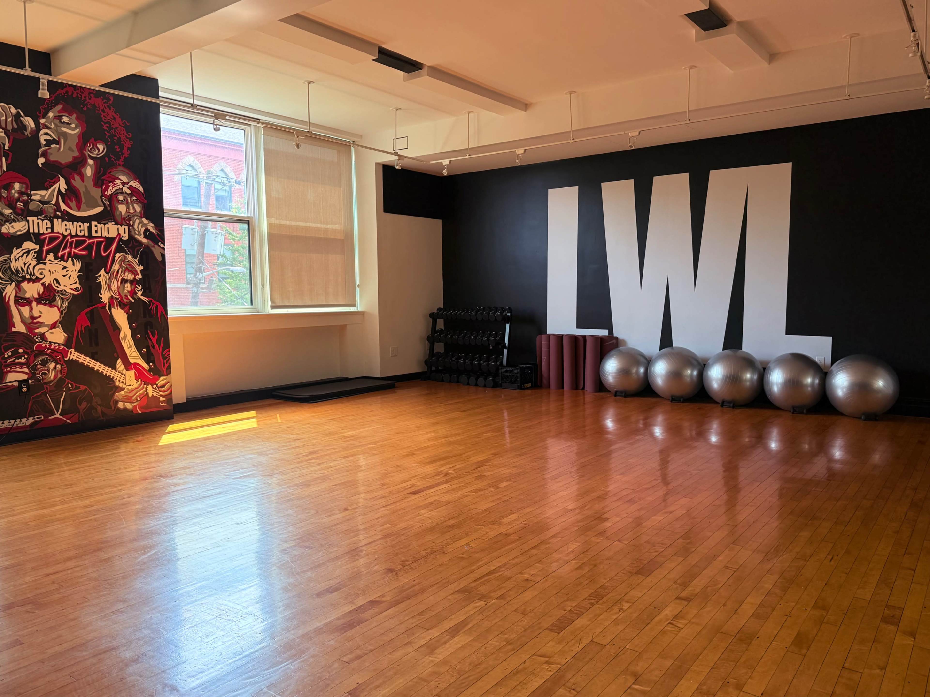The image shows an empty fitness studio with wooden floors, large exercise balls lined up against a wall, and a mural featuring musicians on one side.