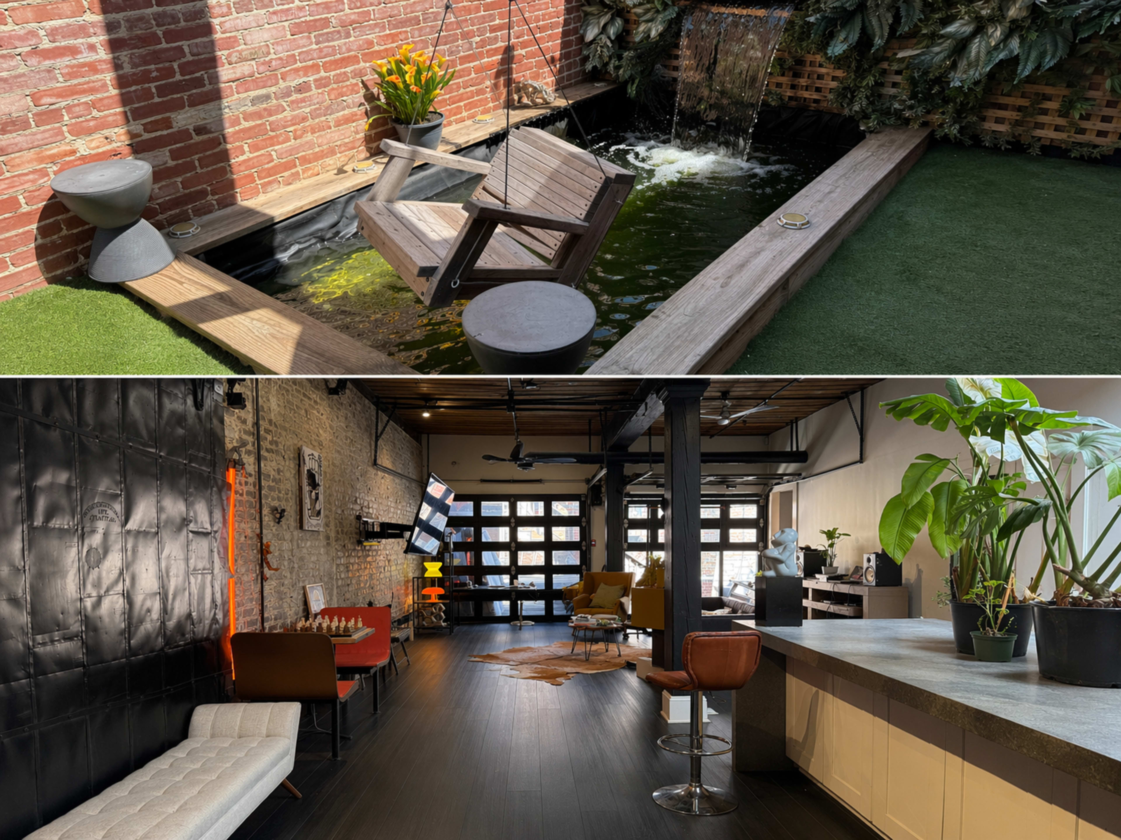 The image features two distinct indoor and outdoor living spaces: the top showcases a hanging chair near a water feature surrounded by greenery, while the bottom displays a modern interior with a kitchen, dining area, and lounge, featuring large windows and stylish furnishings.