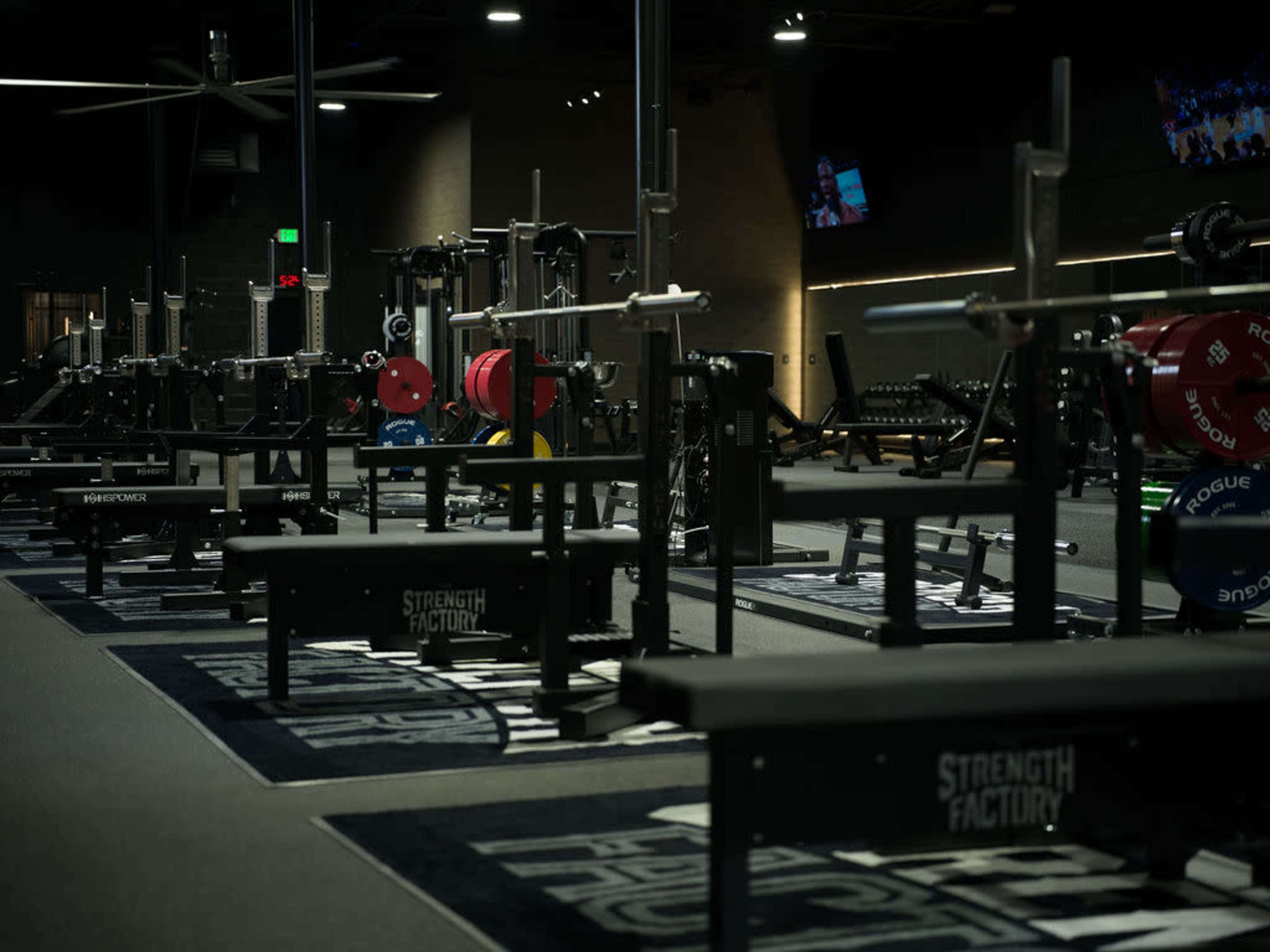 The image shows a well-equipped gym interior featuring multiple weightlifting benches, racks, and barbells arranged neatly in rows.
