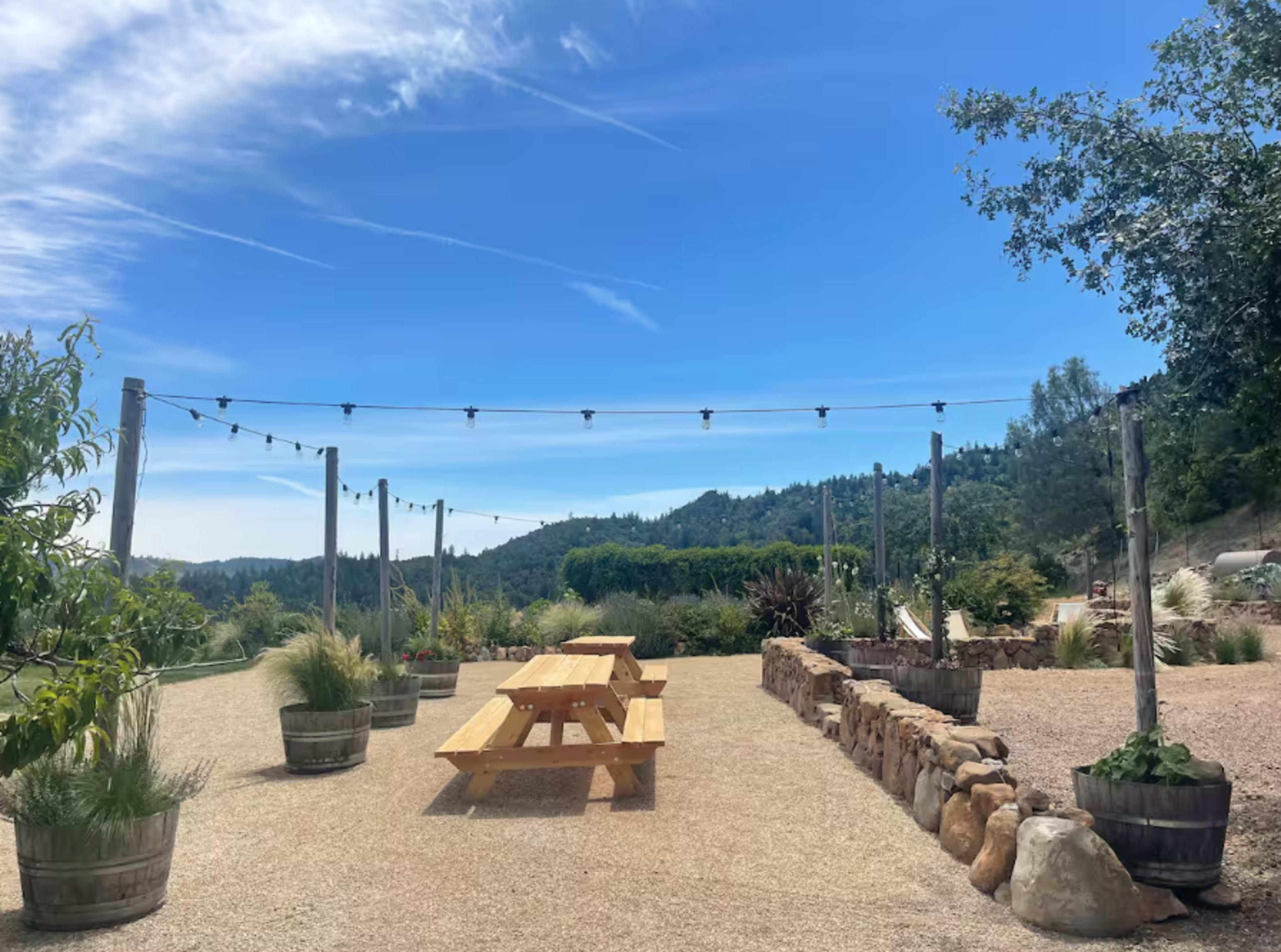 The scene features a wooden picnic table surrounded by gravel, with potted plants and a backdrop of hills under a clear blue sky.