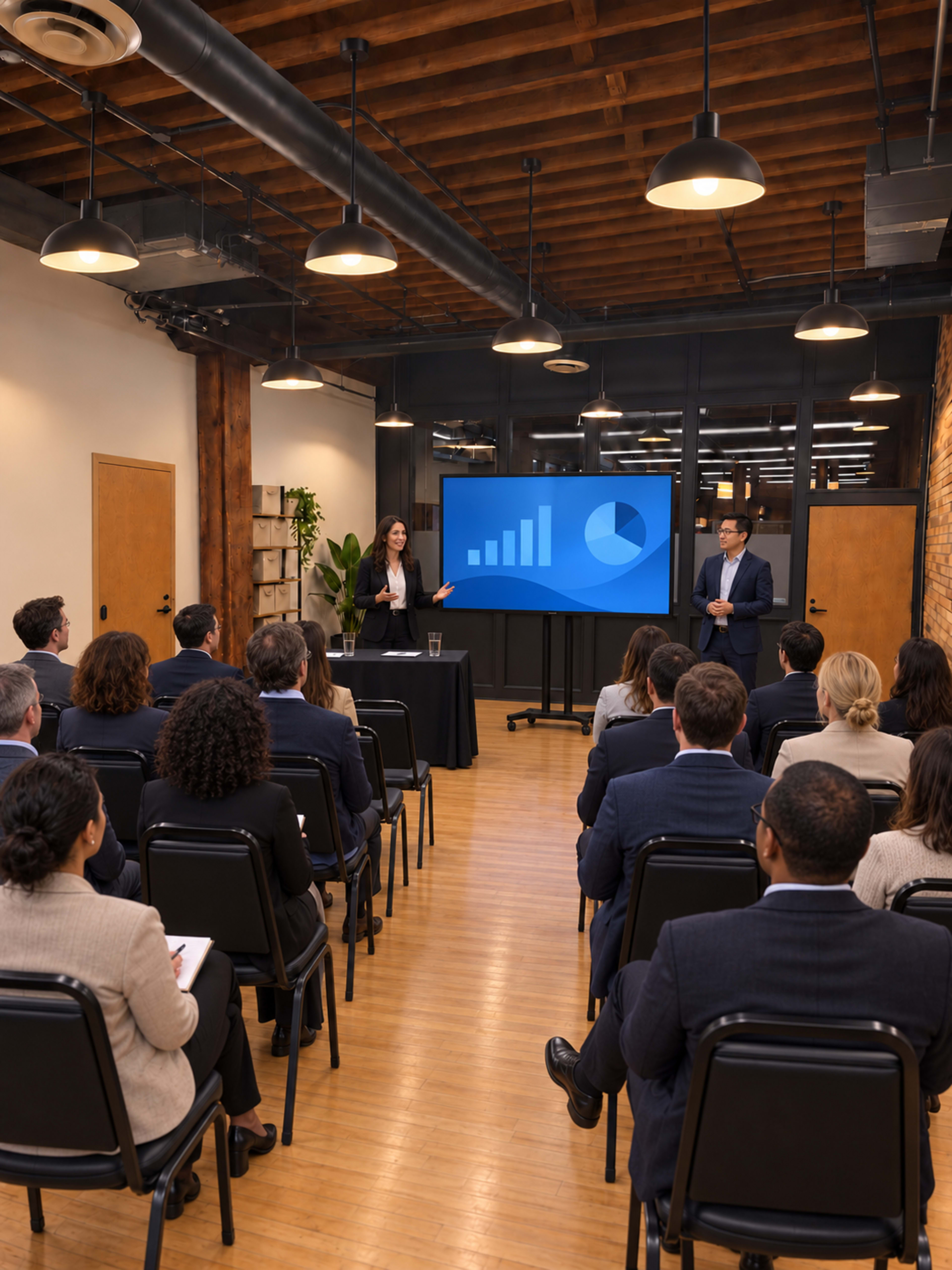 A business presentation is taking place in a well-lit room with a speaker at the front and an audience seated in rows, facing a screen displaying graphs.