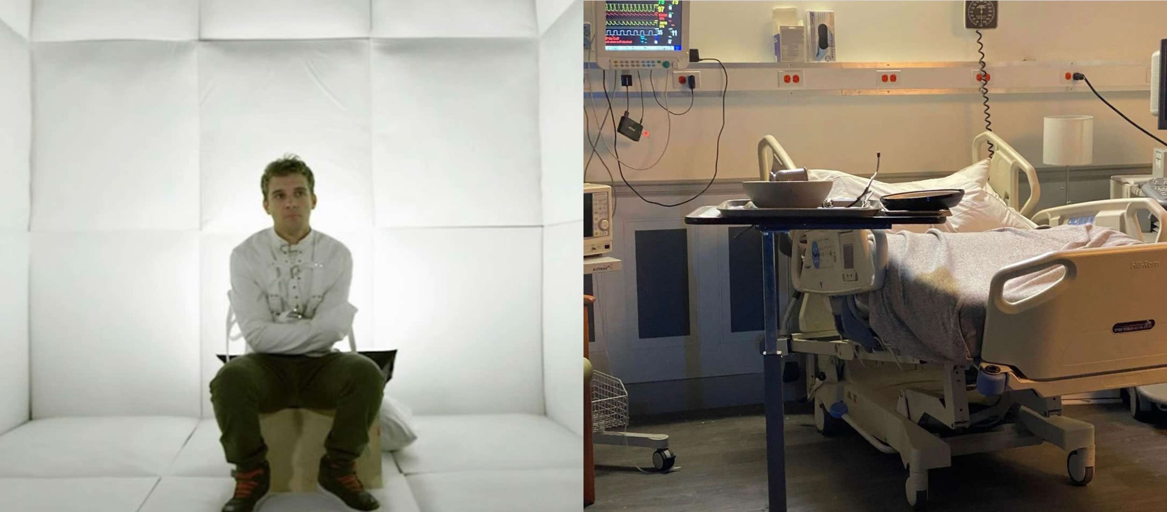 The left side shows a man sitting on a white bench in a bright, minimalist room, while the right side depicts a hospital patient bed with medical equipment and a bowl on a tray beside it.