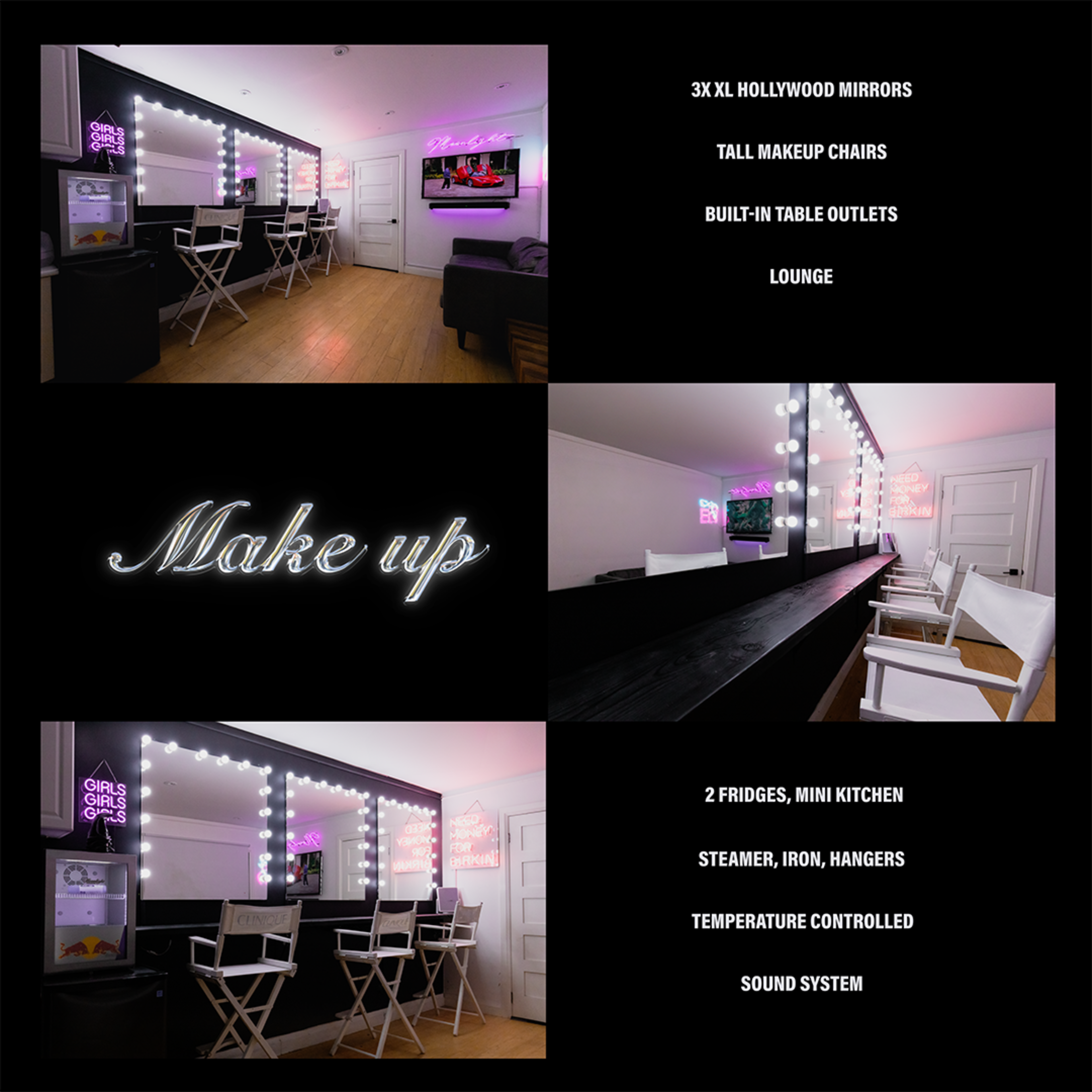 A modern makeup studio featuring large mirrors, tall chairs, built-in table outlets, a lounge area, mini kitchen amenities, and a sound system.