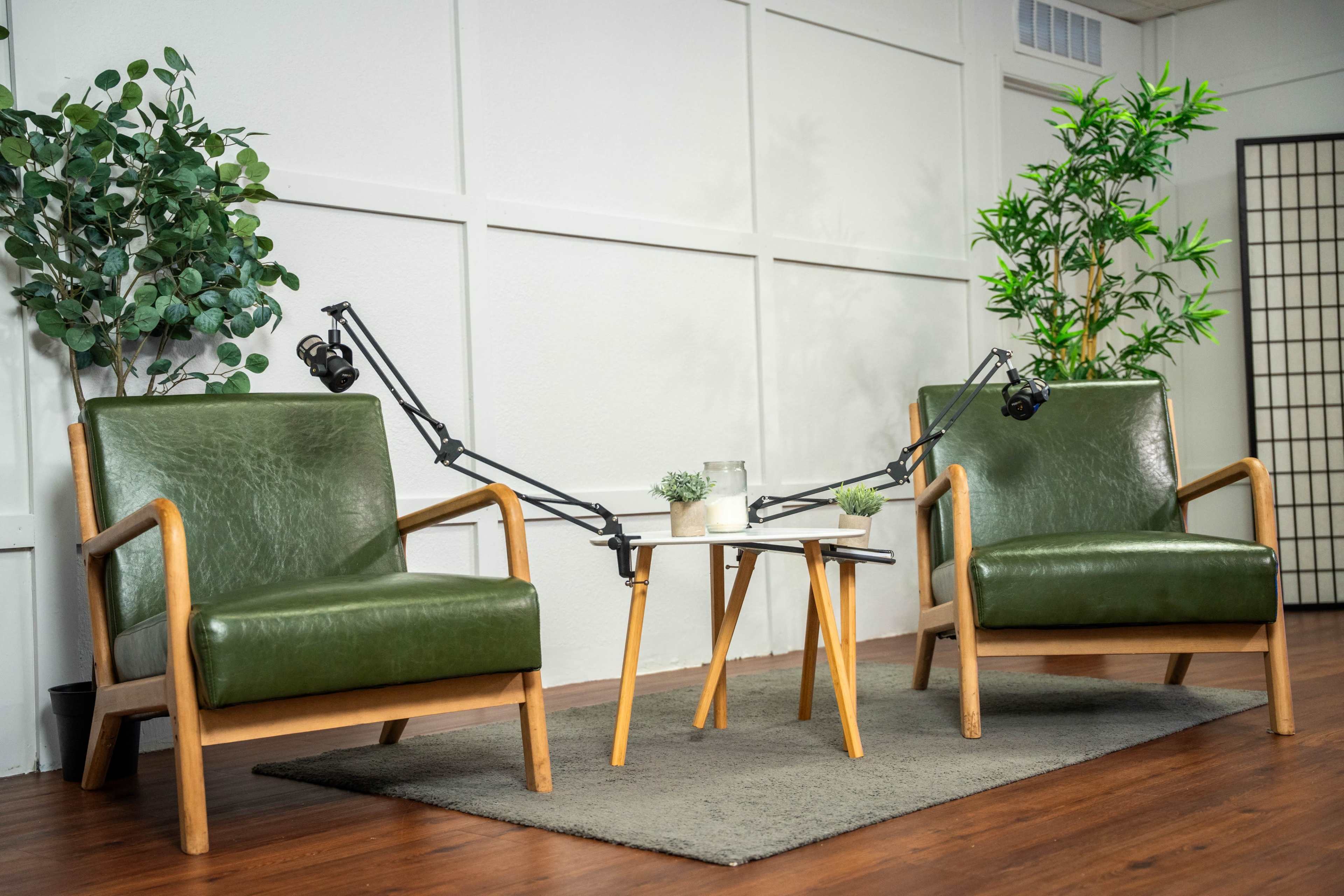 The image features two green leather chairs with wooden frames positioned on either side of a small table, surrounded by potted plants in a minimalist indoor setting.