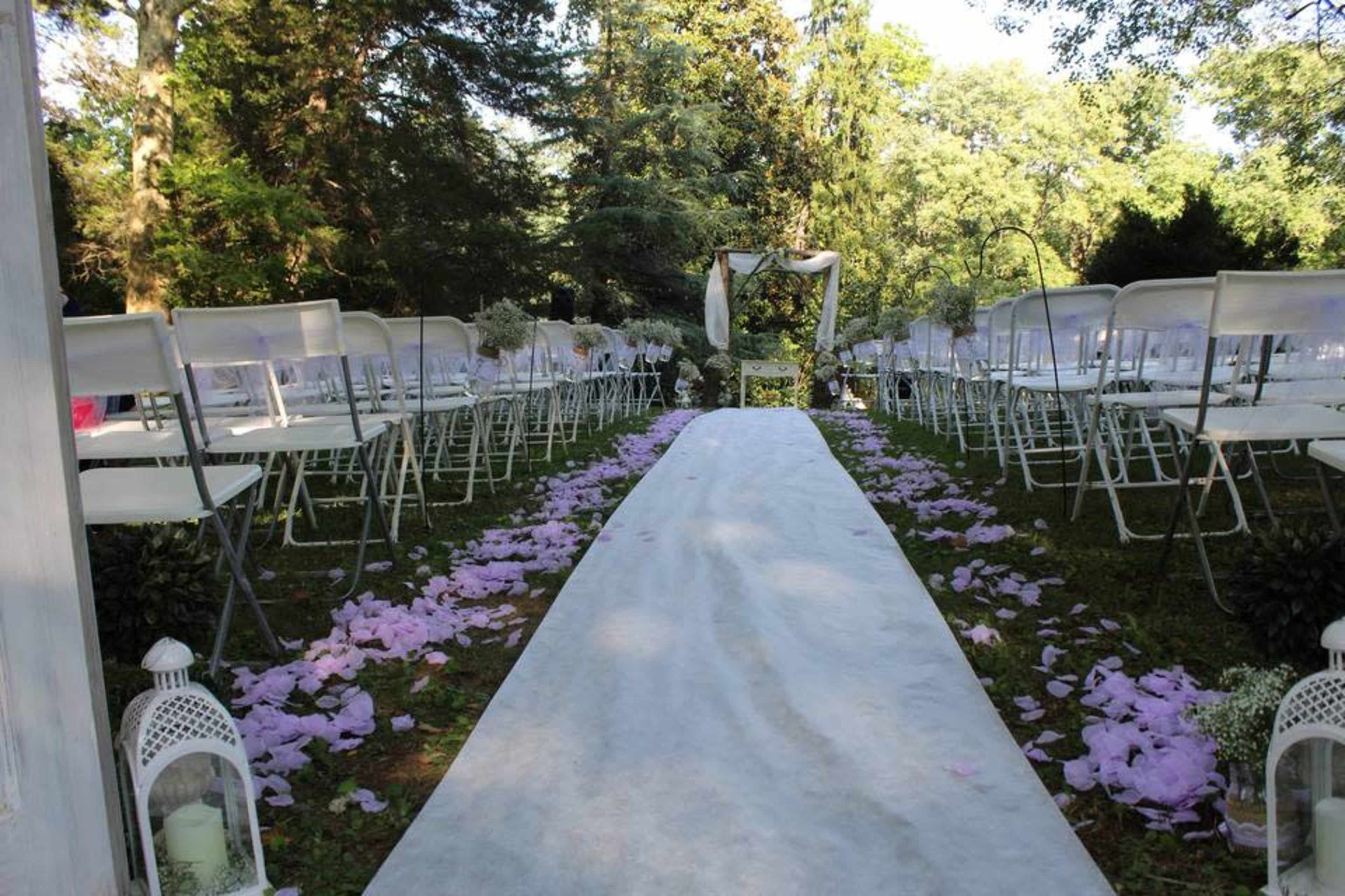 A white carpet lined with purple flower petals leads to a floral arch in an outdoor wedding setup surrounded by chairs.
