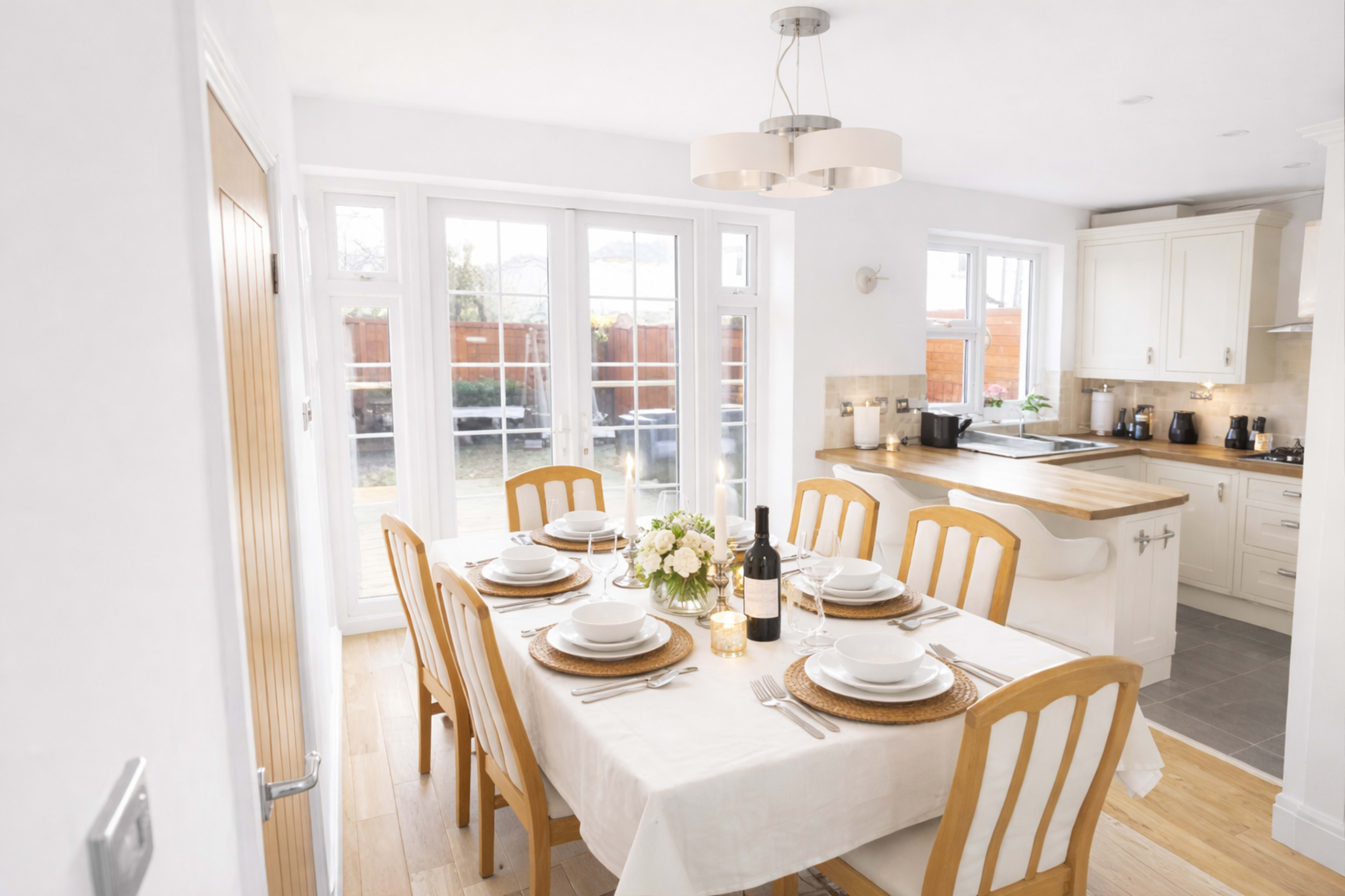 A dining table is set for a meal in a well-lit kitchen and dining area, featuring a bouquet of flowers and a wine bottle.