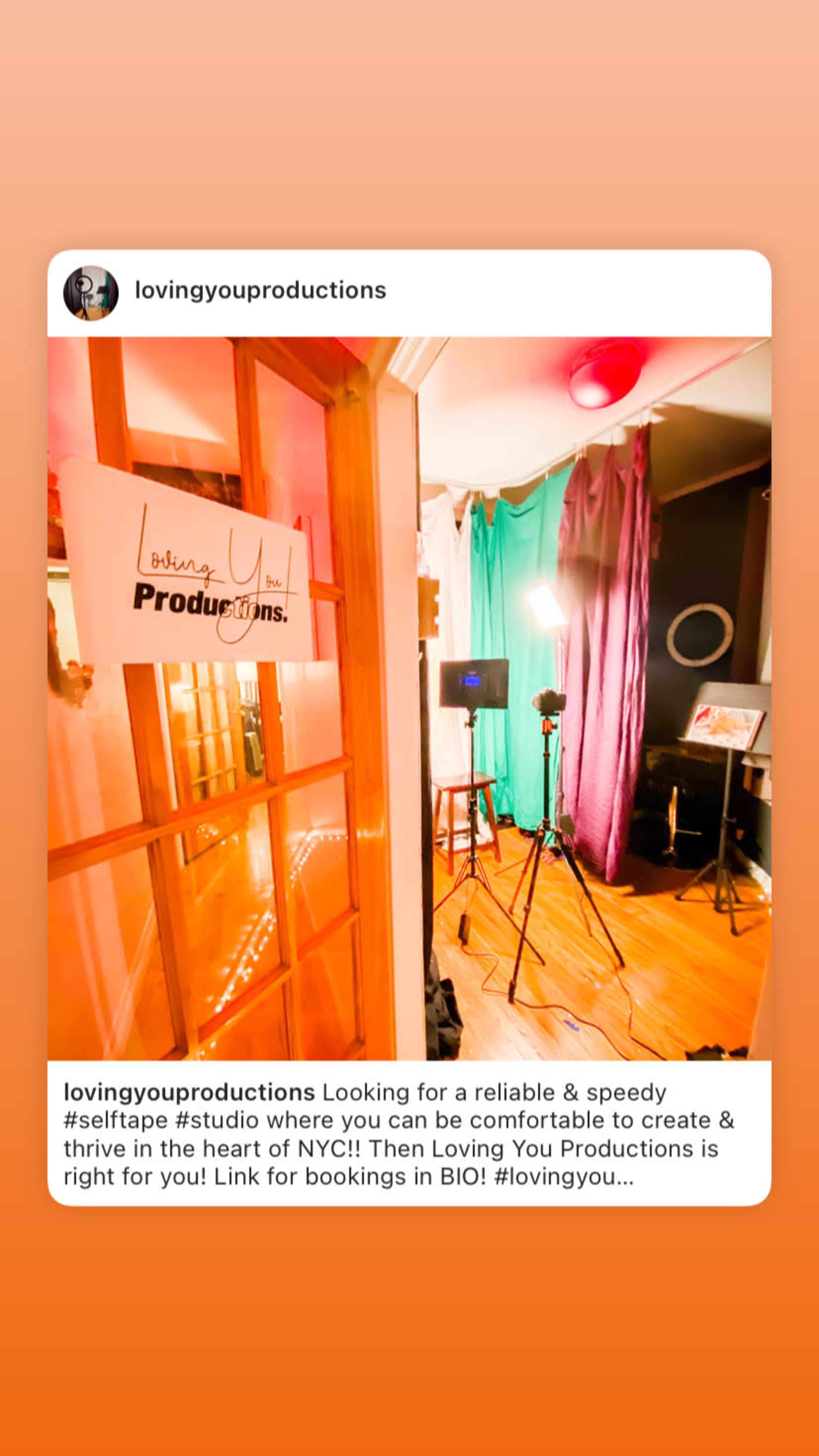 A studio space in NYC, featuring a warm interior with lights set up for a production shoot.