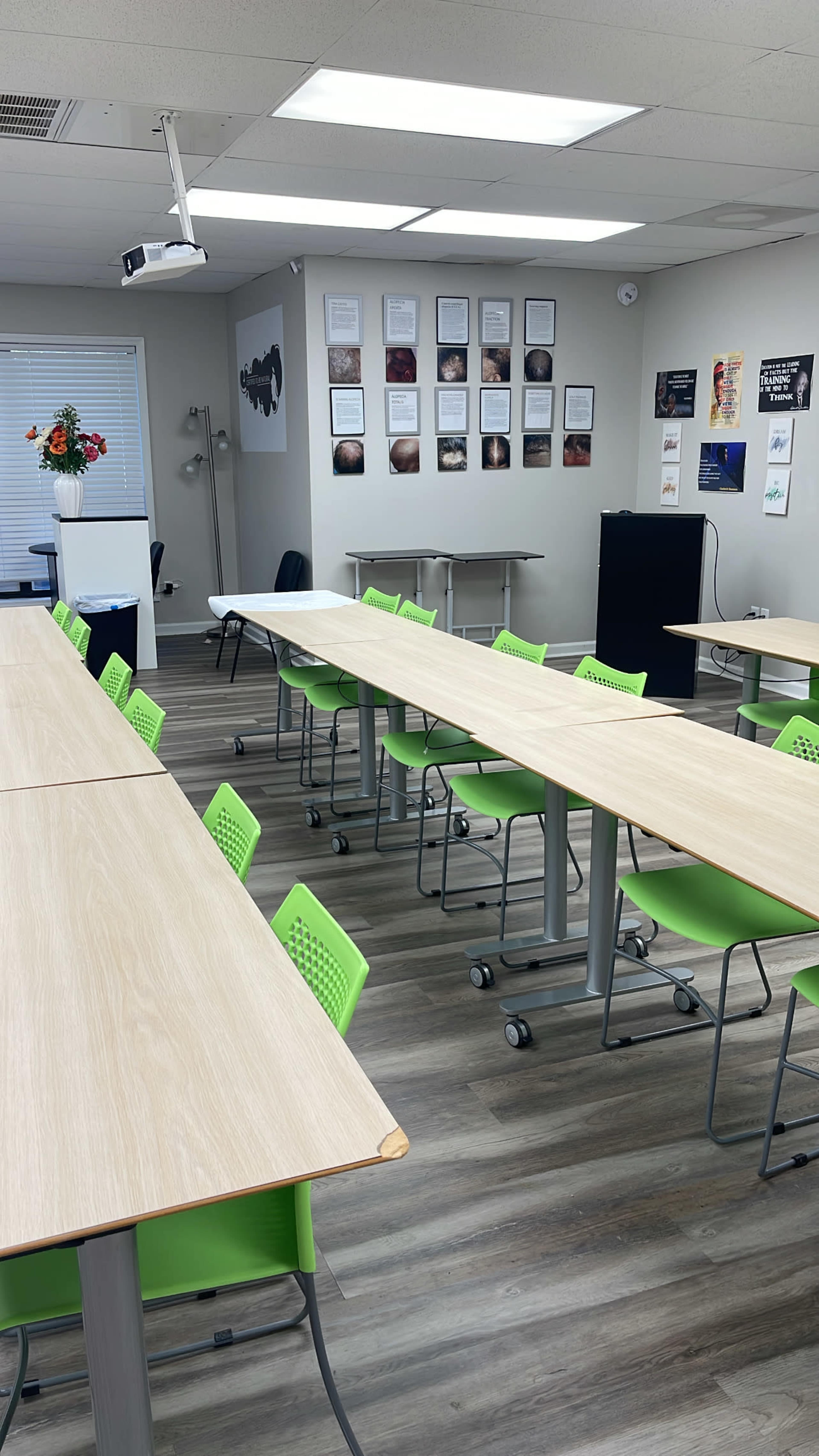 The image shows a modern classroom with several long tables and green chairs, featuring a projector and various educational posters on the walls.
