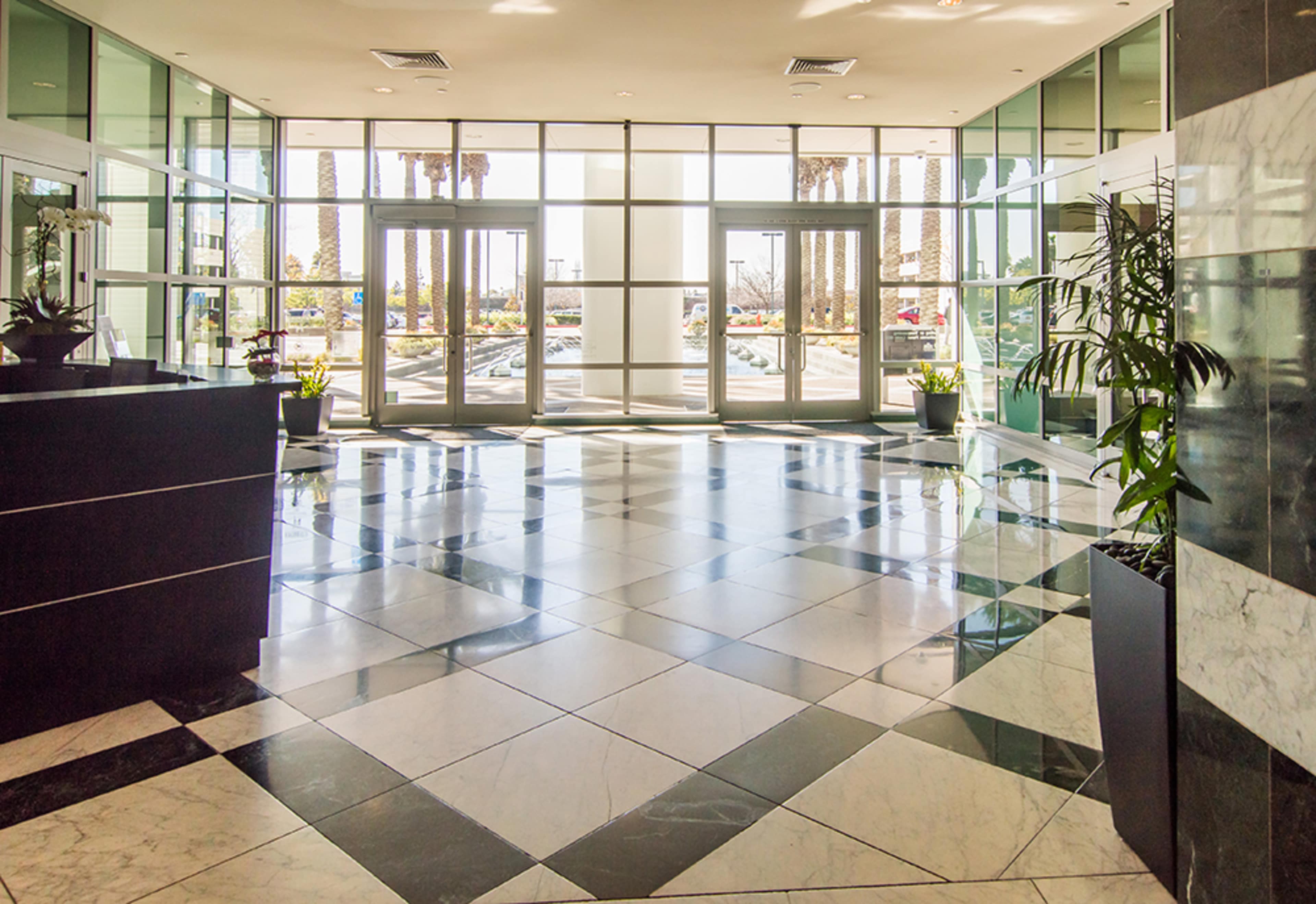 A modern lobby with polished black and white tiled flooring, large glass doors, and potted plants.