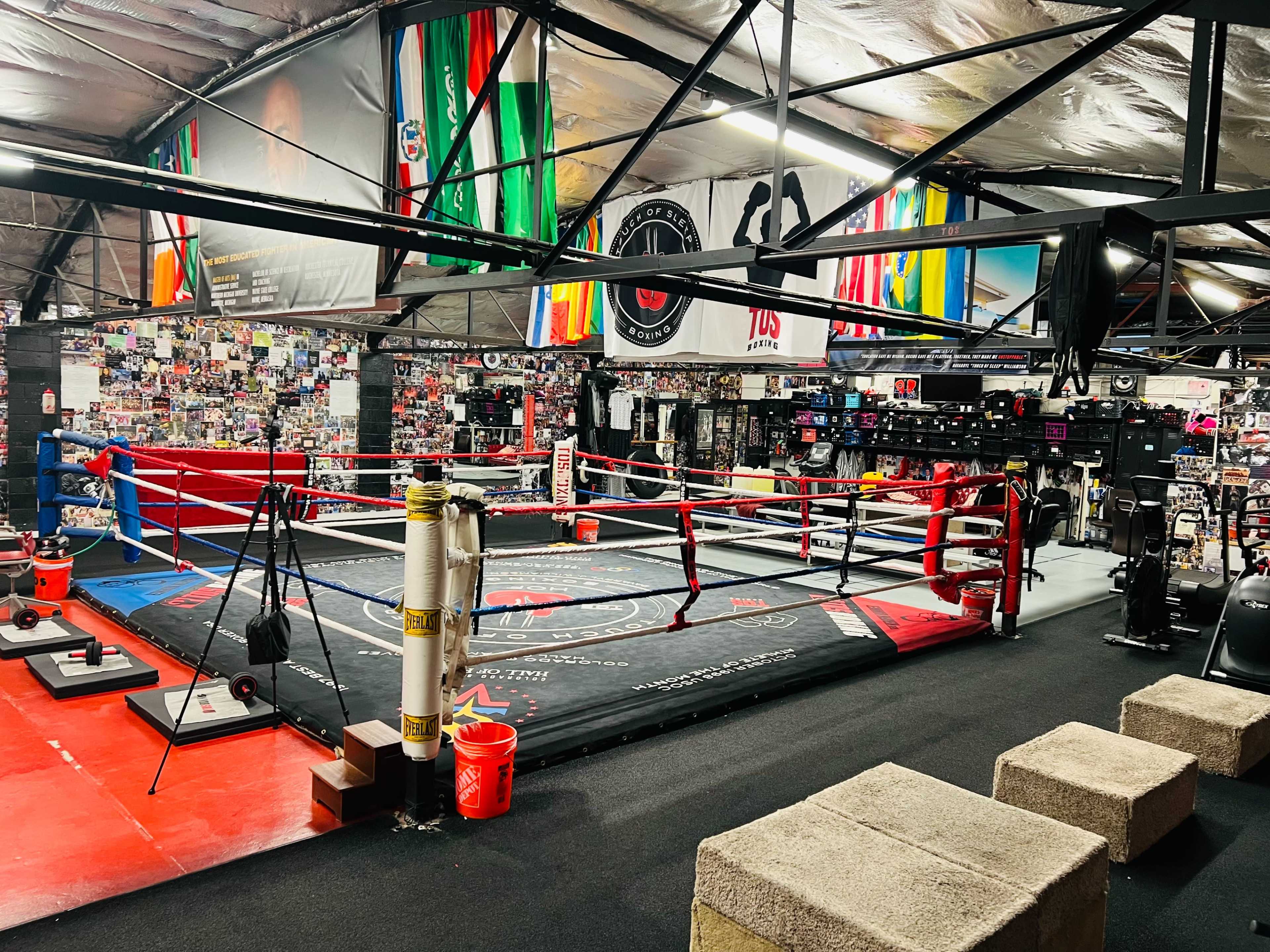 The image shows a boxing gym featuring a ring in the center, surrounded by workout equipment and walls adorned with posters and flags.