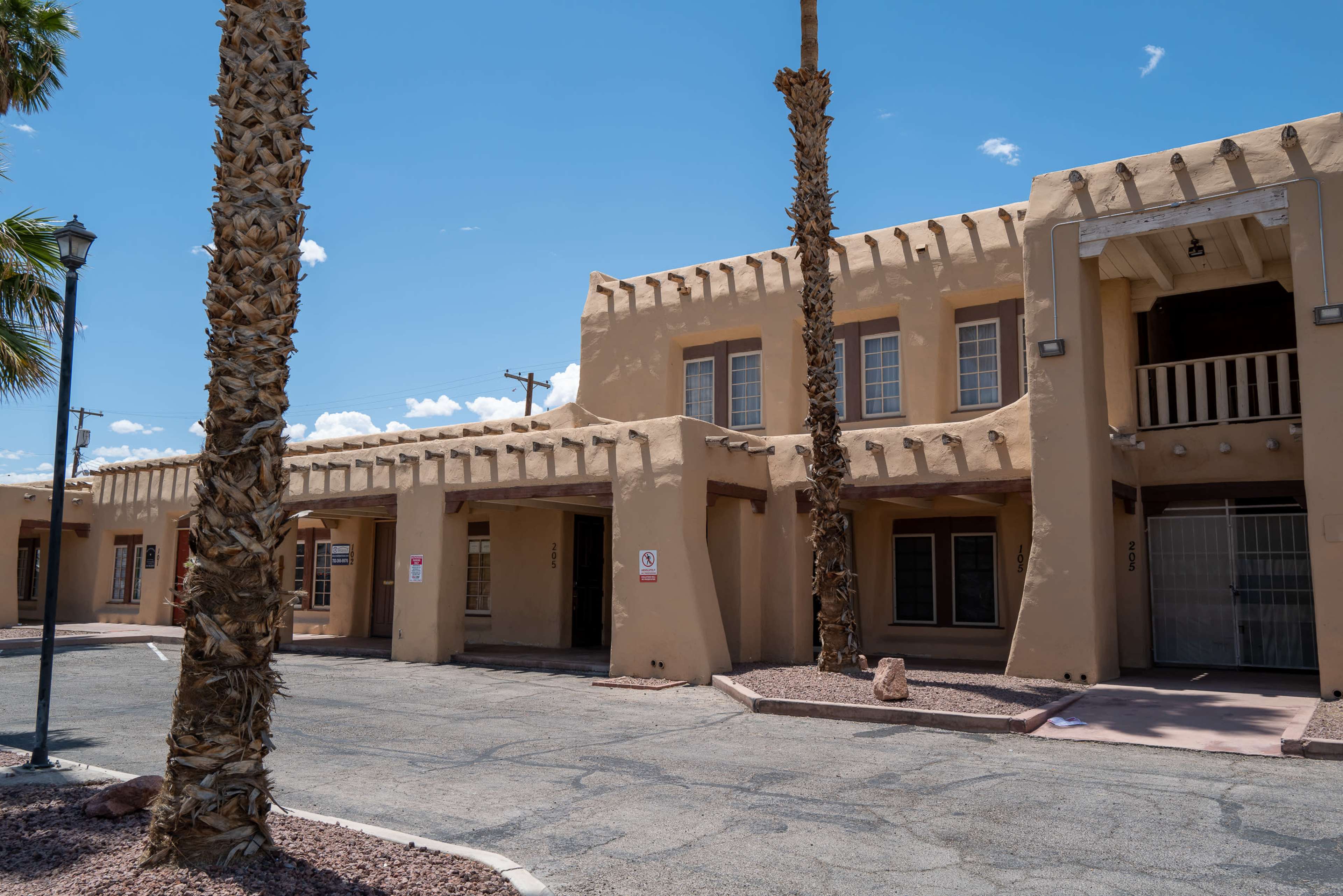 A southwestern-style building with adobe architecture and palm trees lining the entrance.