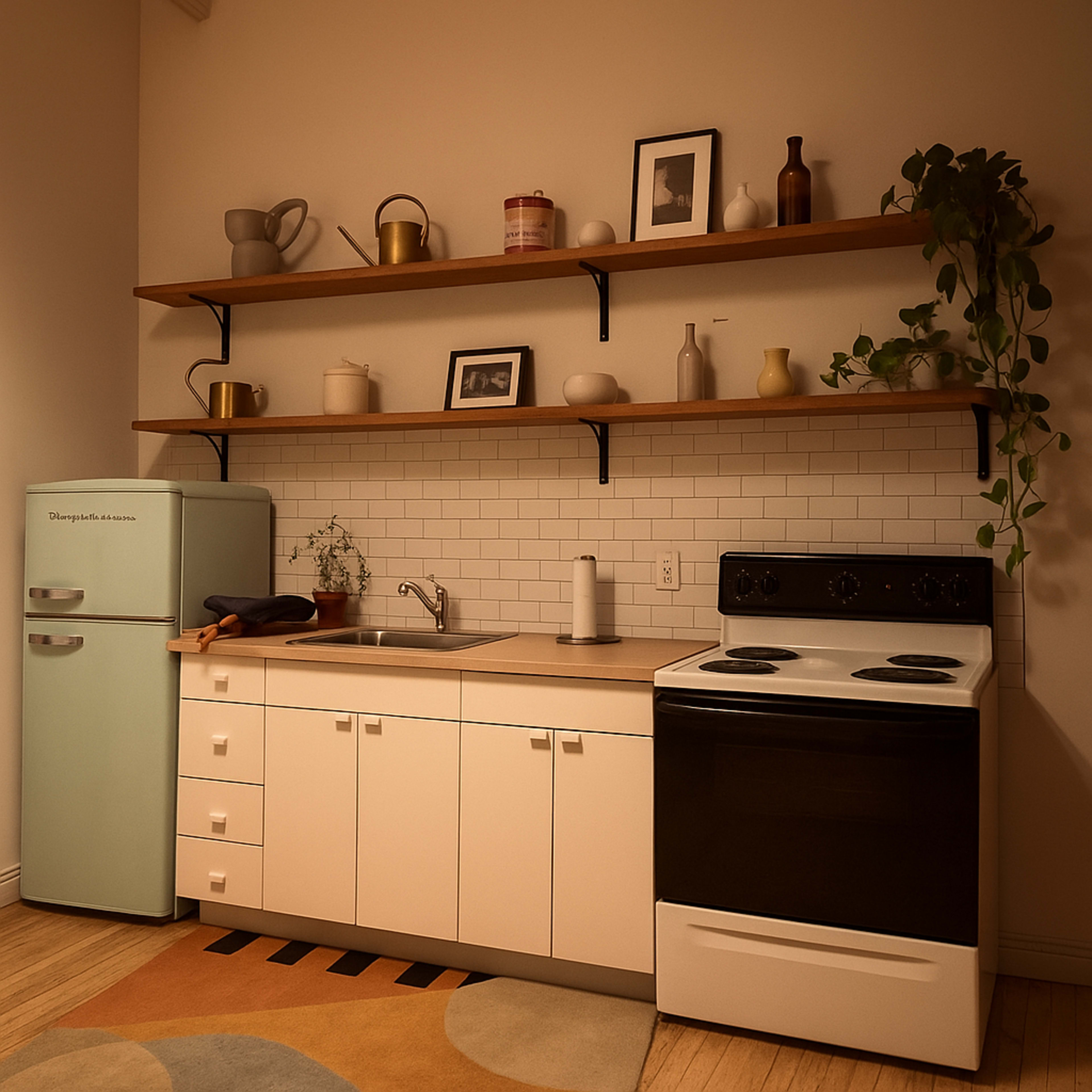 The image shows a modern kitchen with white cabinetry, an aqua-colored refrigerator, a black stove, and open shelves displaying various kitchenware.