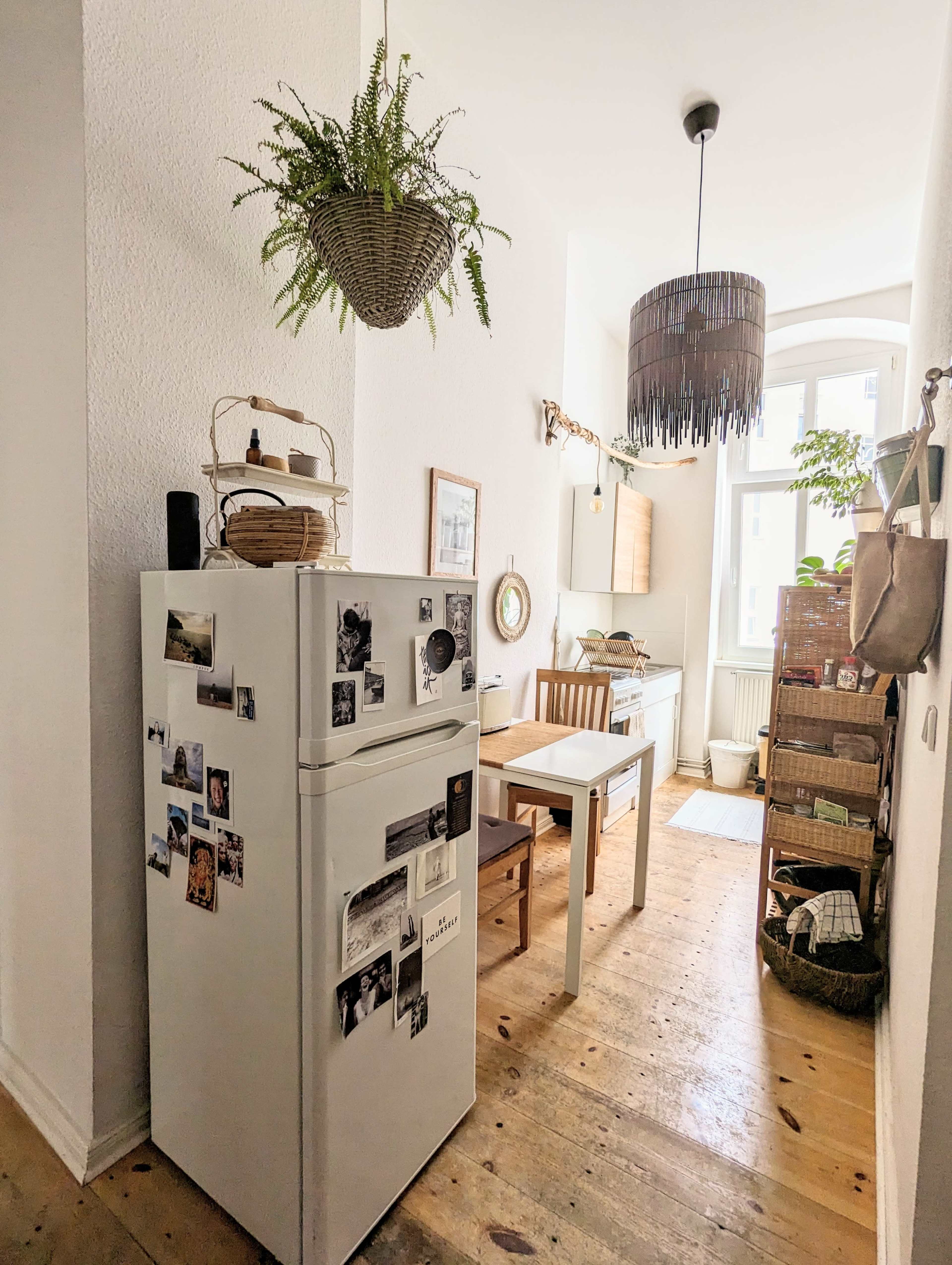 A bright kitchen area with a white refrigerator adorned with photos, a wooden dining table, and a hanging plant.