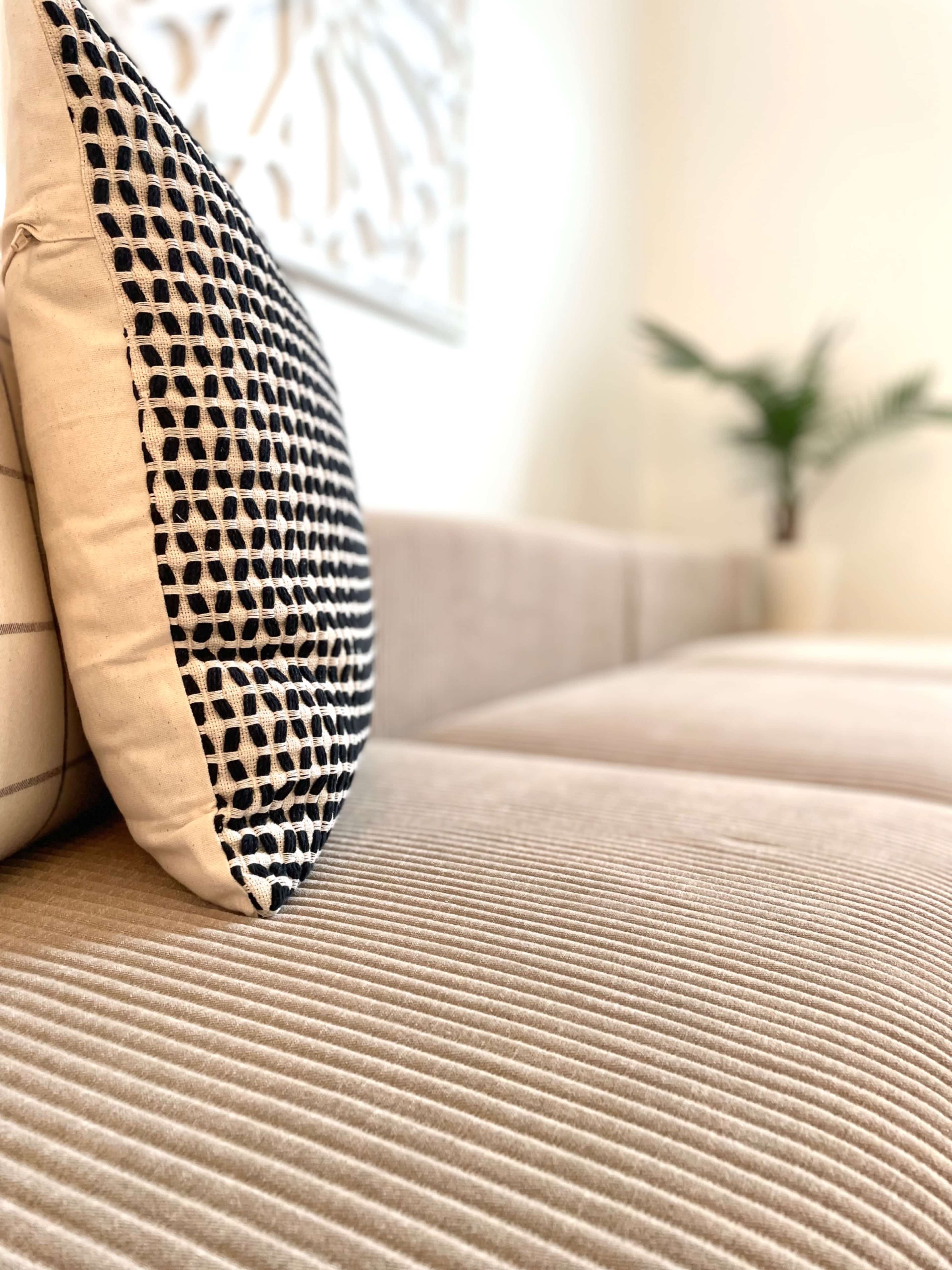 A textured beige sofa is adorned with a patterned black and white pillow, and a green plant is visible in the background.