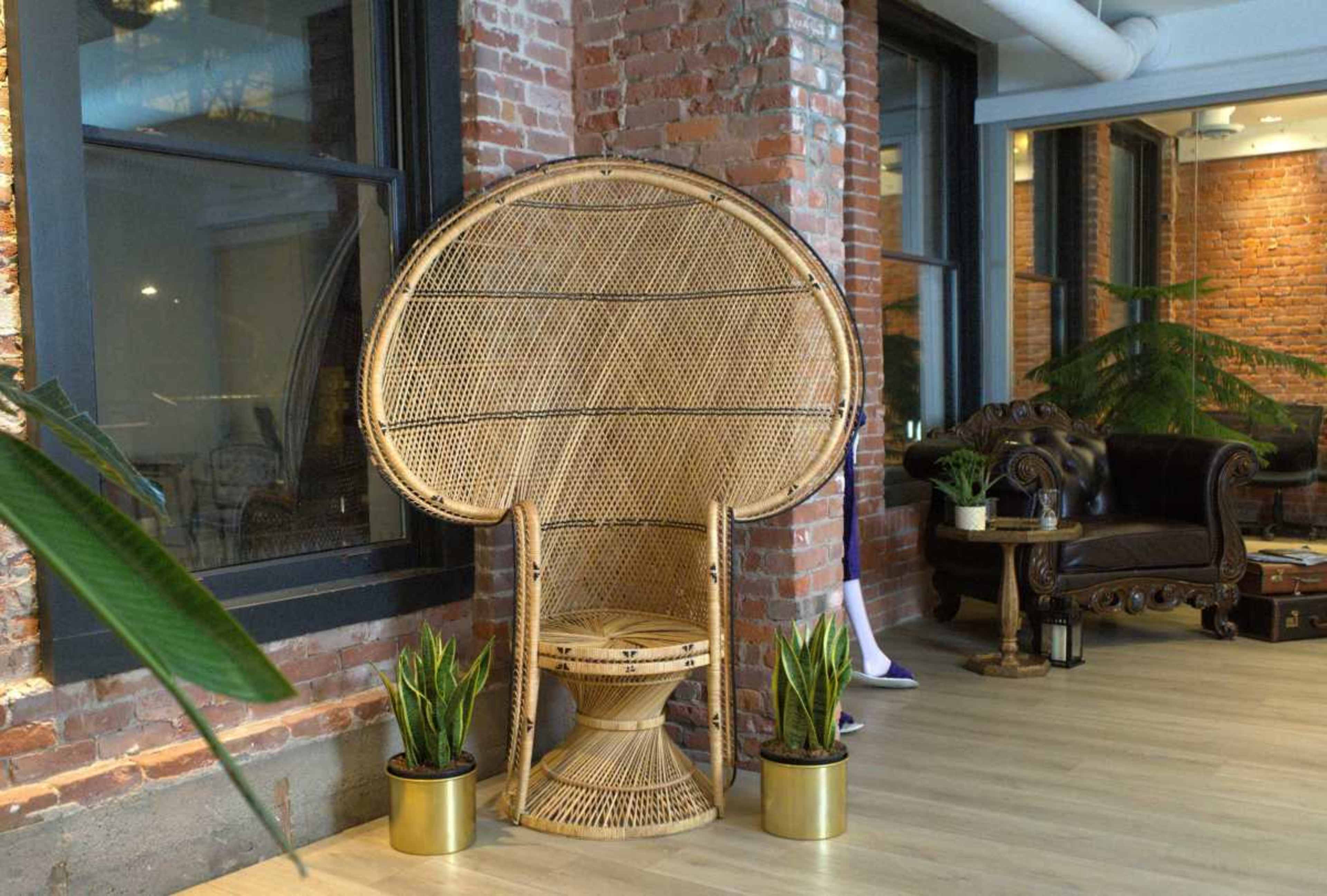 A large, curved wicker chair is positioned against a brick wall, with potted plants on either side and modern furnishings visible in the background.