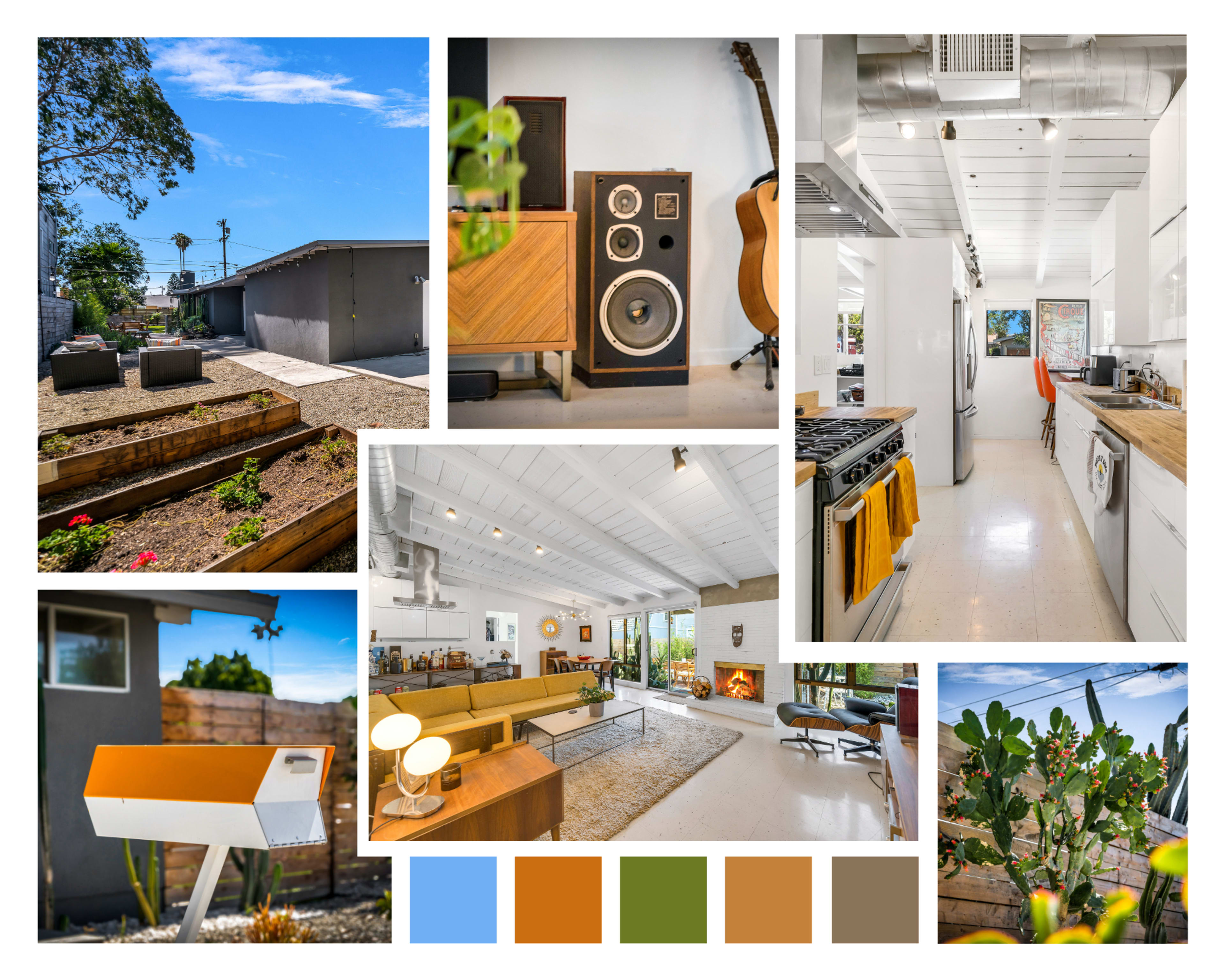 The image features a collage of various interior and exterior views of a modern home, including a kitchen, living room, garden, and outdoor seating area.