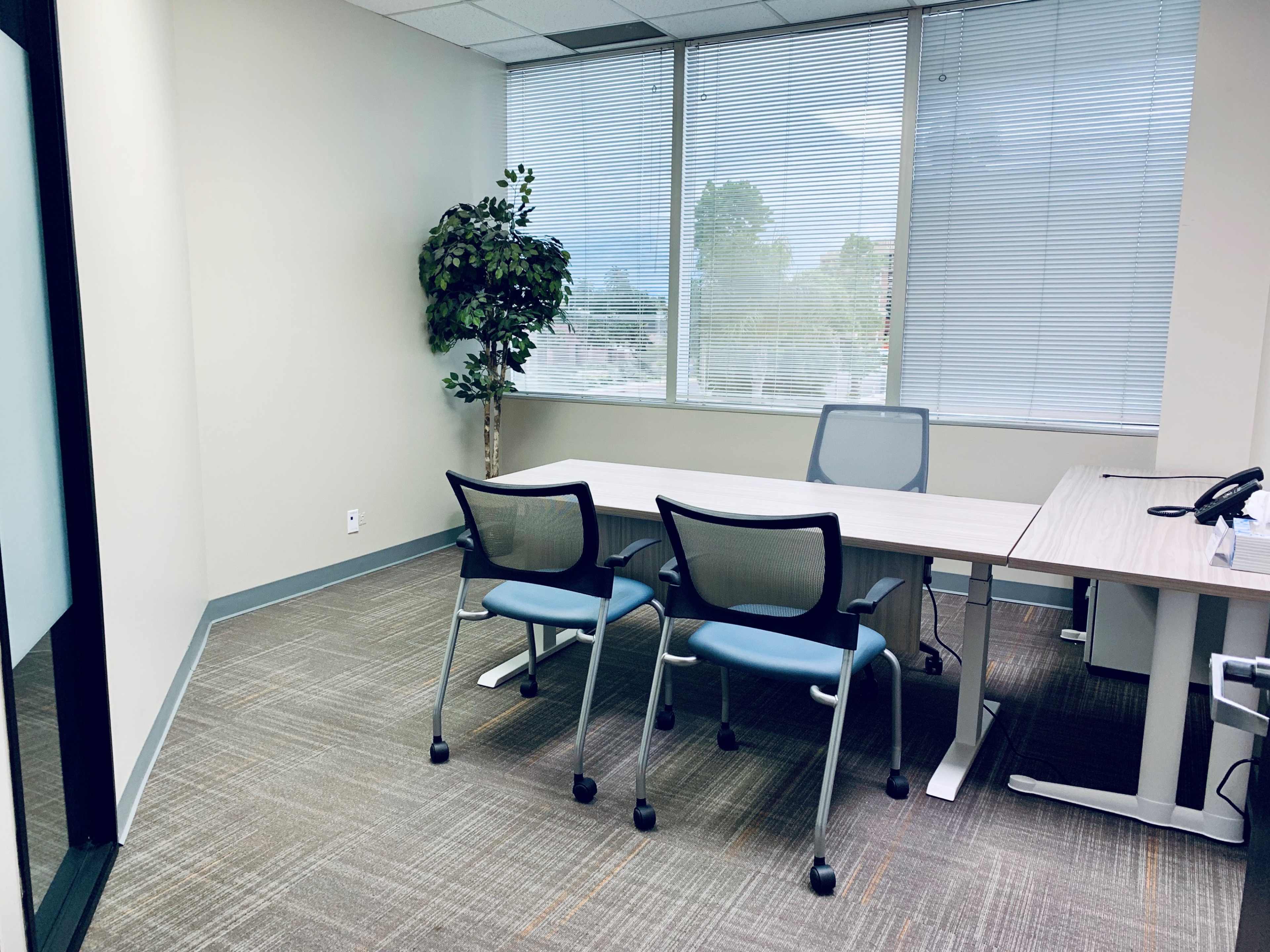 The image shows a simple office space with a desk, two chairs, a phone, and a potted plant near large windows.