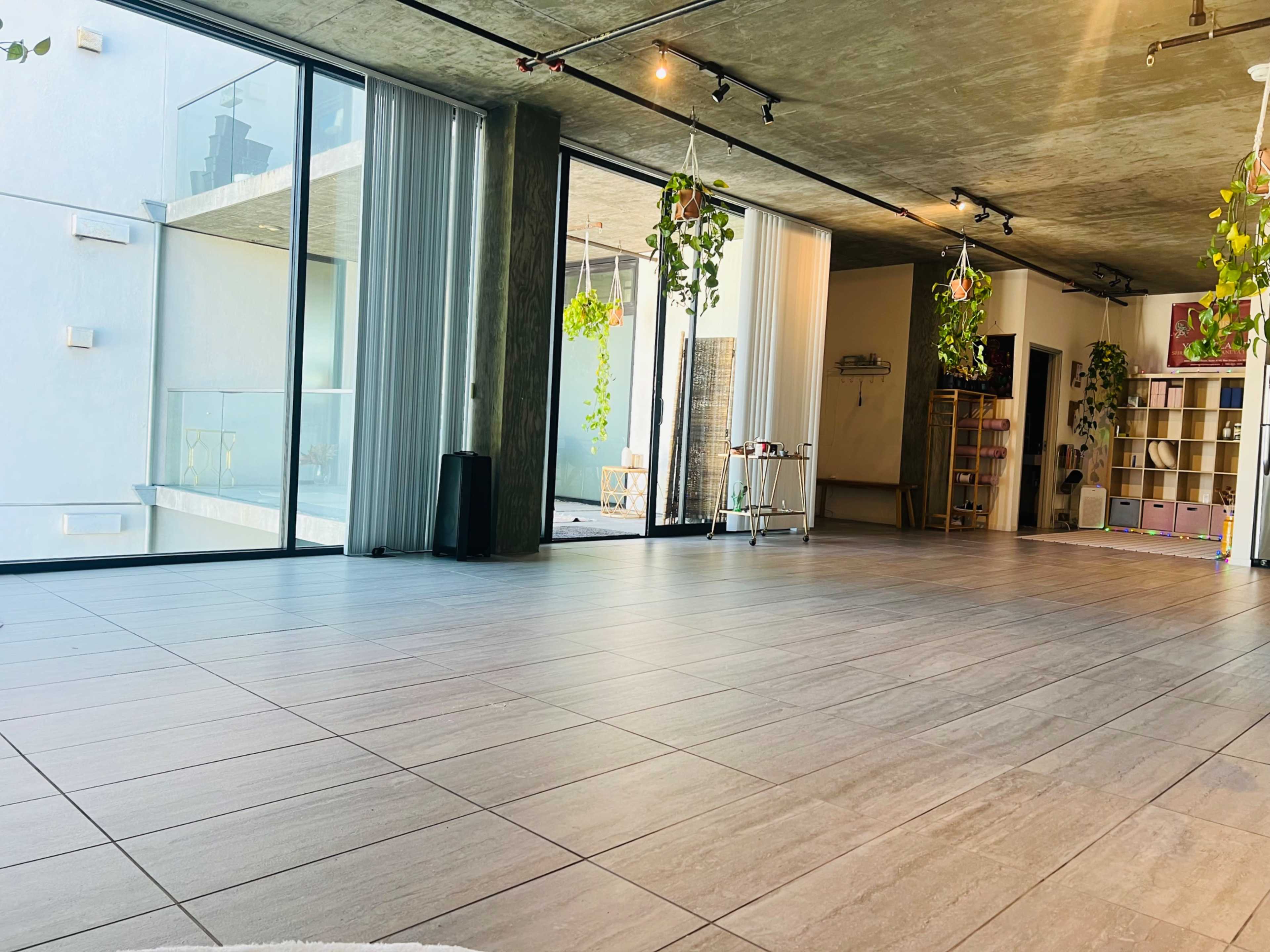 The image shows a spacious, empty room with large windows, concrete walls, and hanging plants.