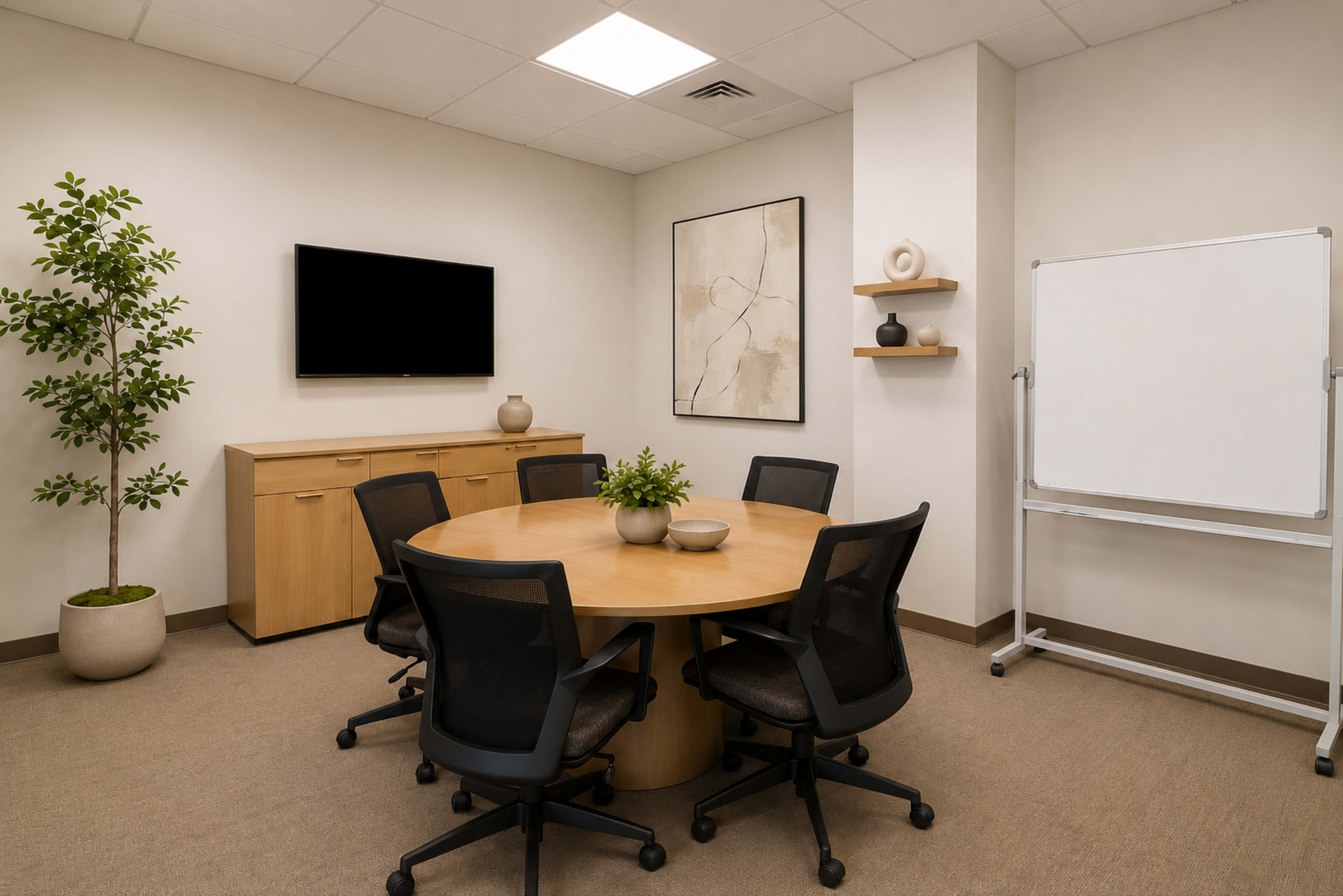 The image shows a modern meeting room with a round wooden table surrounded by black chairs, a television mounted on the wall, a large whiteboard on wheels, and decorative plants.